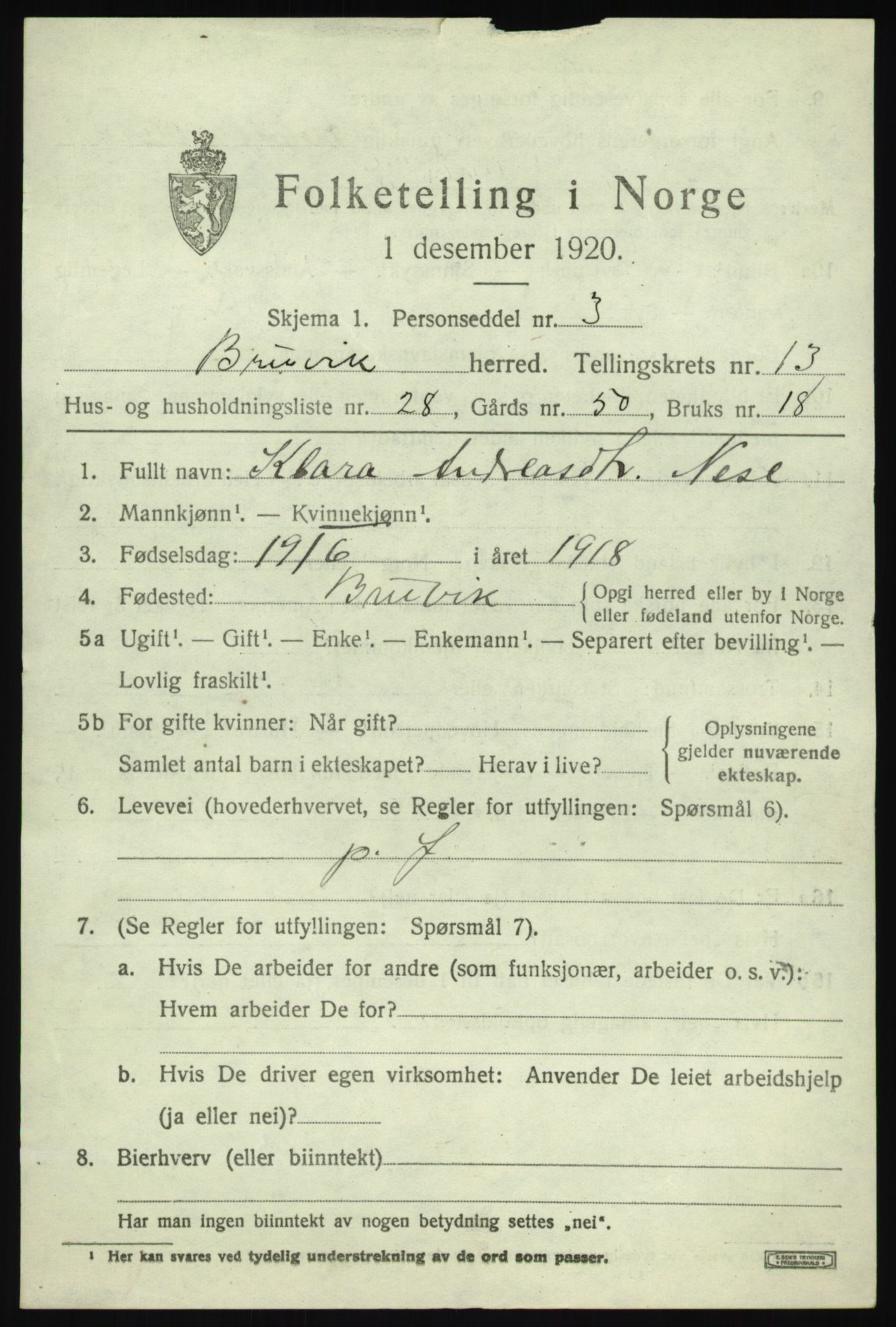 SAB, 1920 census for Bruvik, 1920, p. 8516