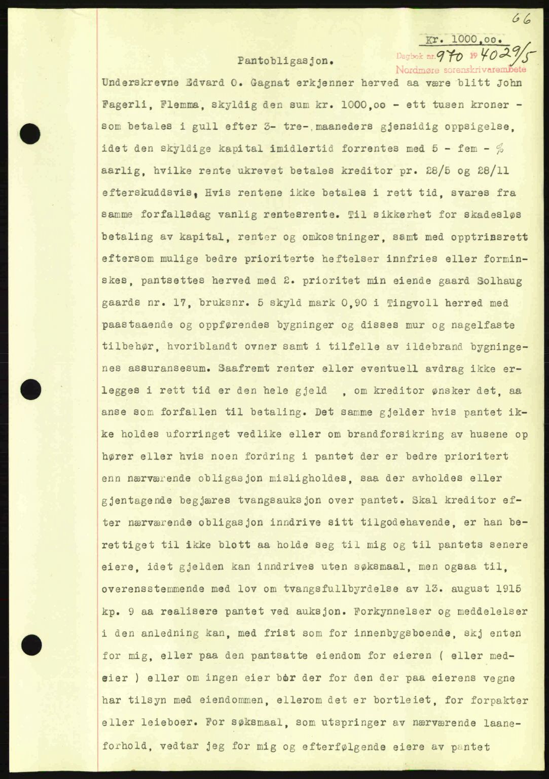 Nordmøre sorenskriveri, AV/SAT-A-4132/1/2/2Ca: Mortgage book no. B87, 1940-1941, Diary no: : 970/1940