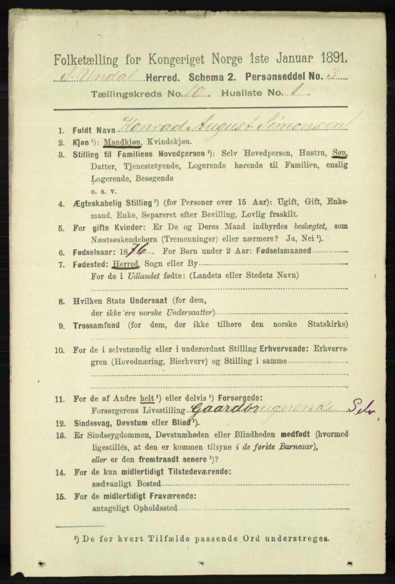 RA, 1891 census for 1029 Sør-Audnedal, 1891, p. 4434