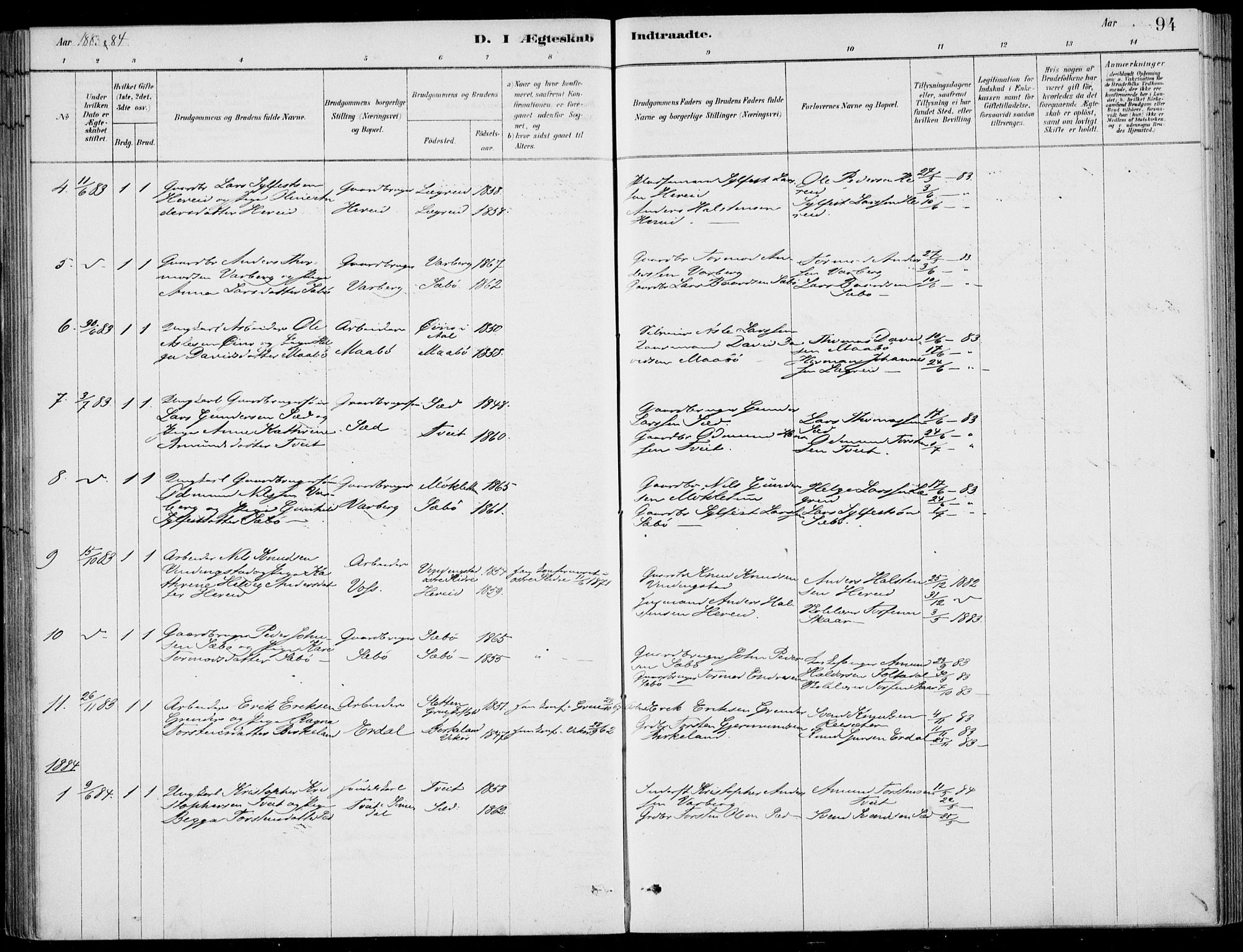 Ulvik sokneprestembete, SAB/A-78801/H/Haa: Parish register (official) no. D  1, 1878-1903, p. 94