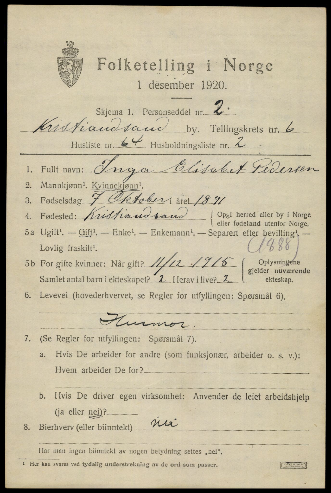 SAK, 1920 census for Kristiansand, 1920, p. 19529