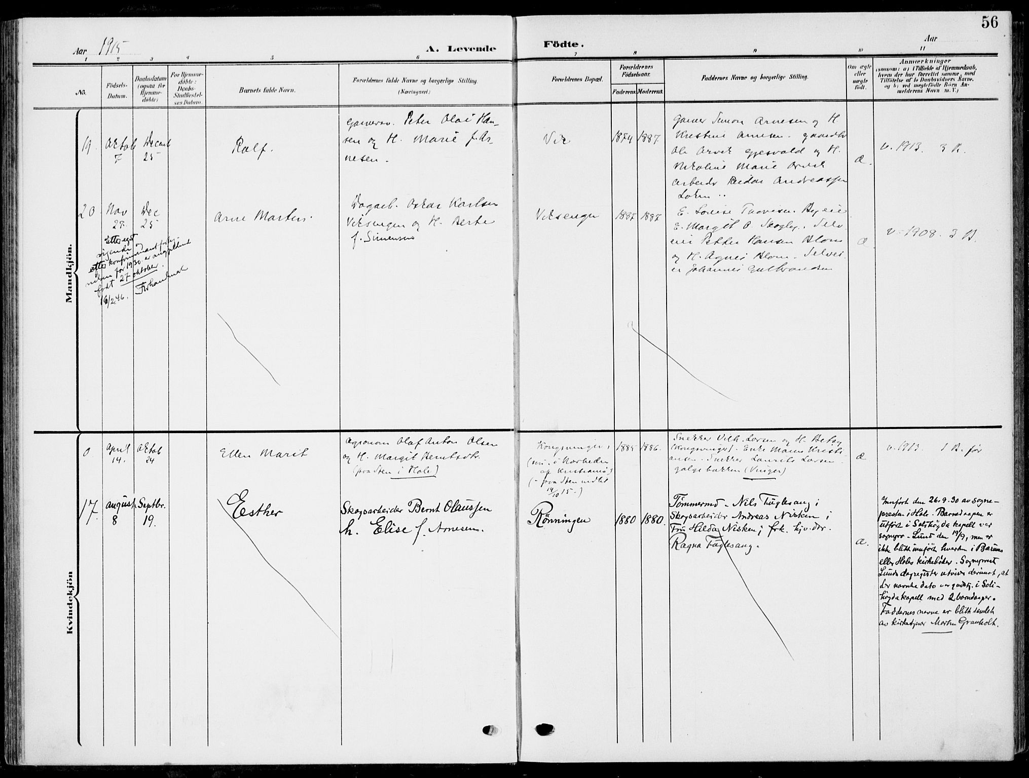 Hole kirkebøker, AV/SAKO-A-228/F/Fa/L0010: Parish register (official) no. I 10, 1907-1917, p. 56