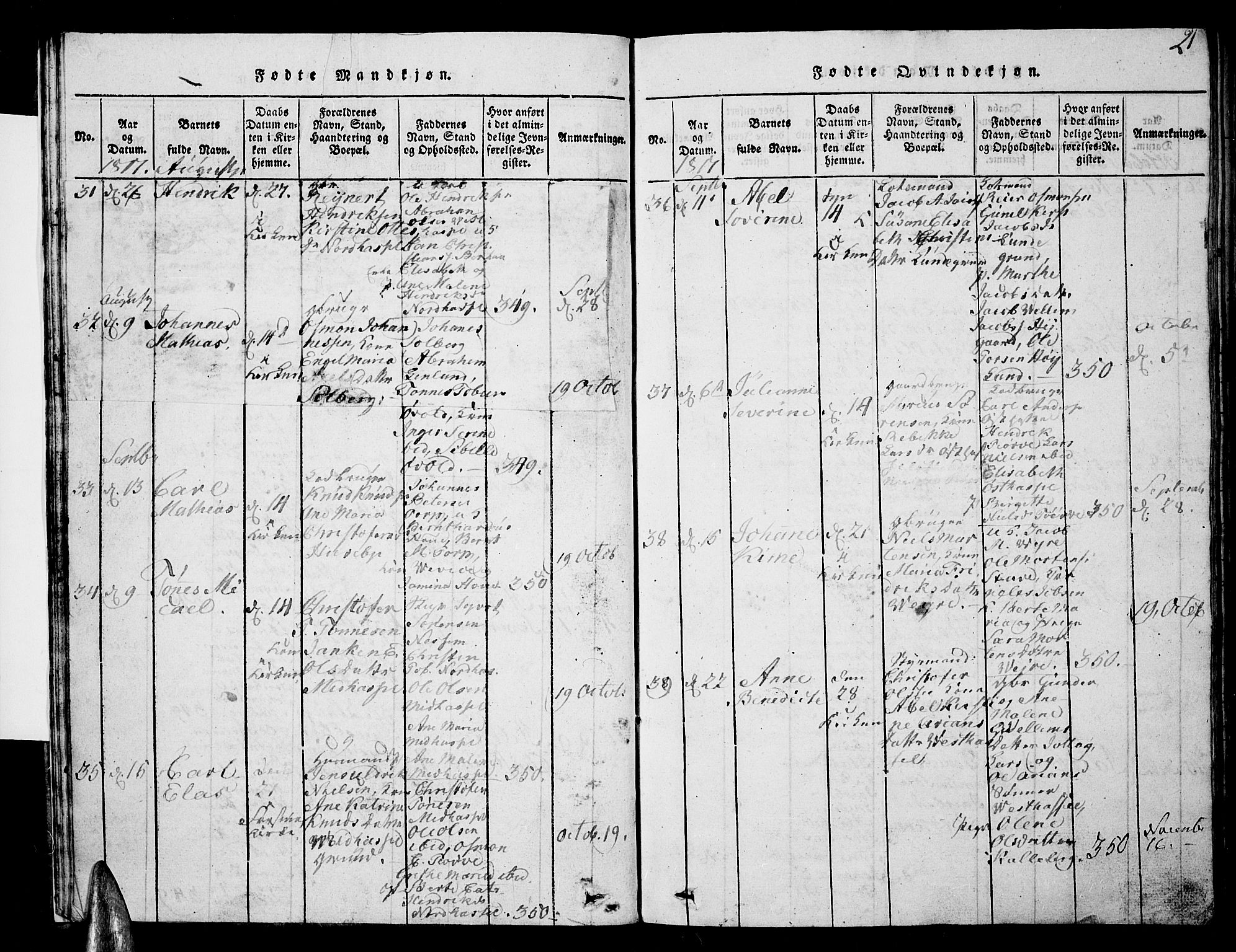 Lista sokneprestkontor, SAK/1111-0027/F/Fb/L0001: Parish register (copy) no. B 1, 1816-1832, p. 21