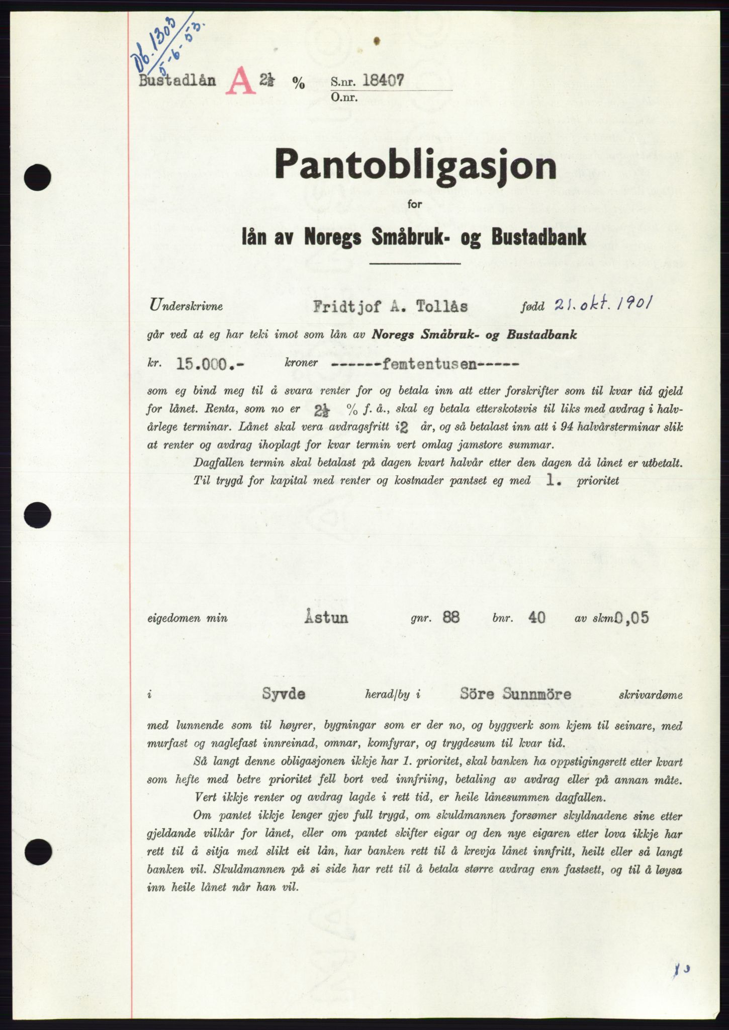 Søre Sunnmøre sorenskriveri, AV/SAT-A-4122/1/2/2C/L0123: Mortgage book no. 11B, 1953-1953, Diary no: : 1303/1953