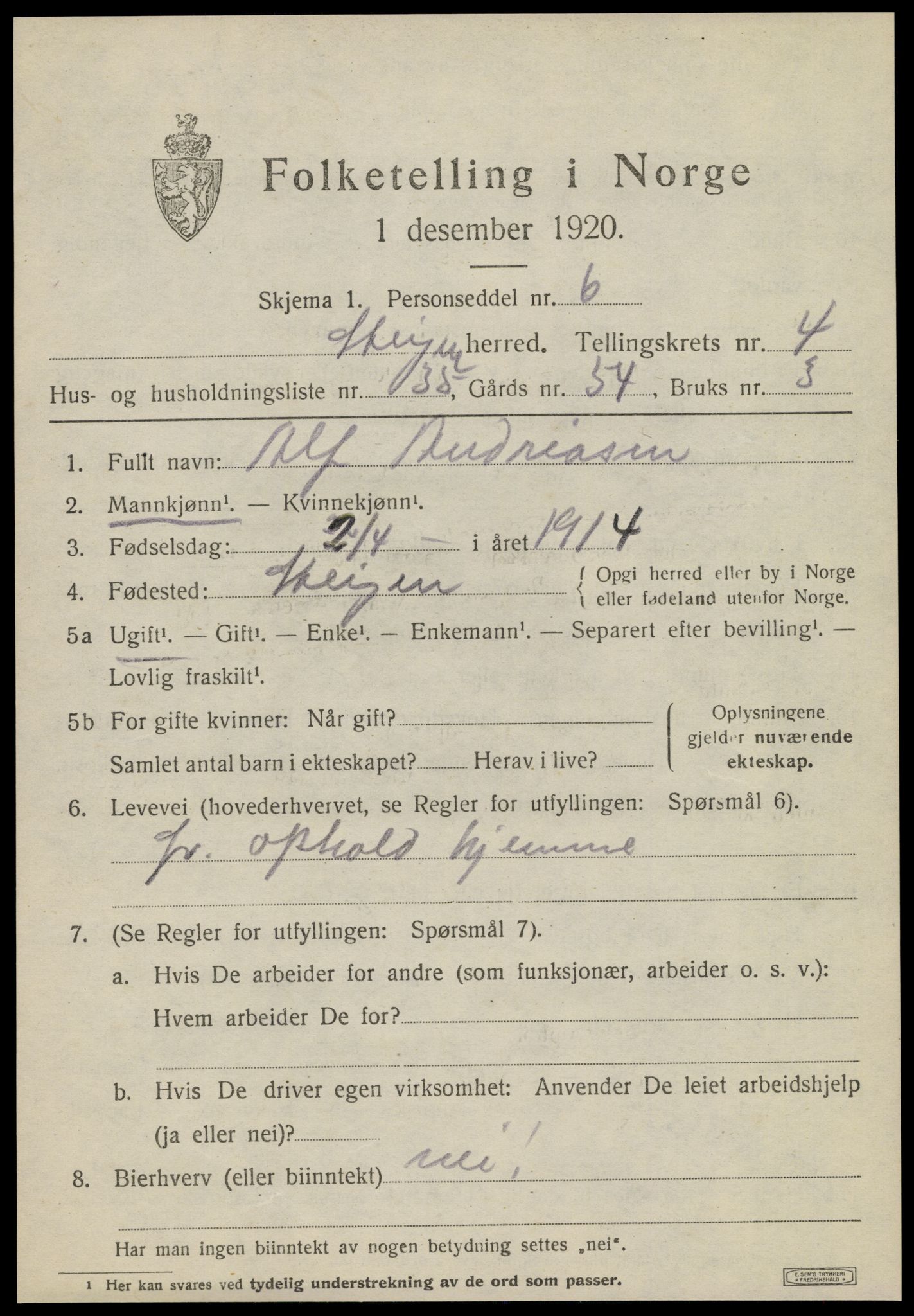 SAT, 1920 census for Steigen, 1920, p. 1932