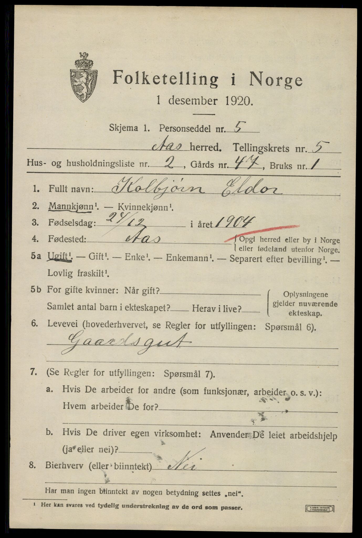 SAO, 1920 census for Ås, 1920, p. 5852