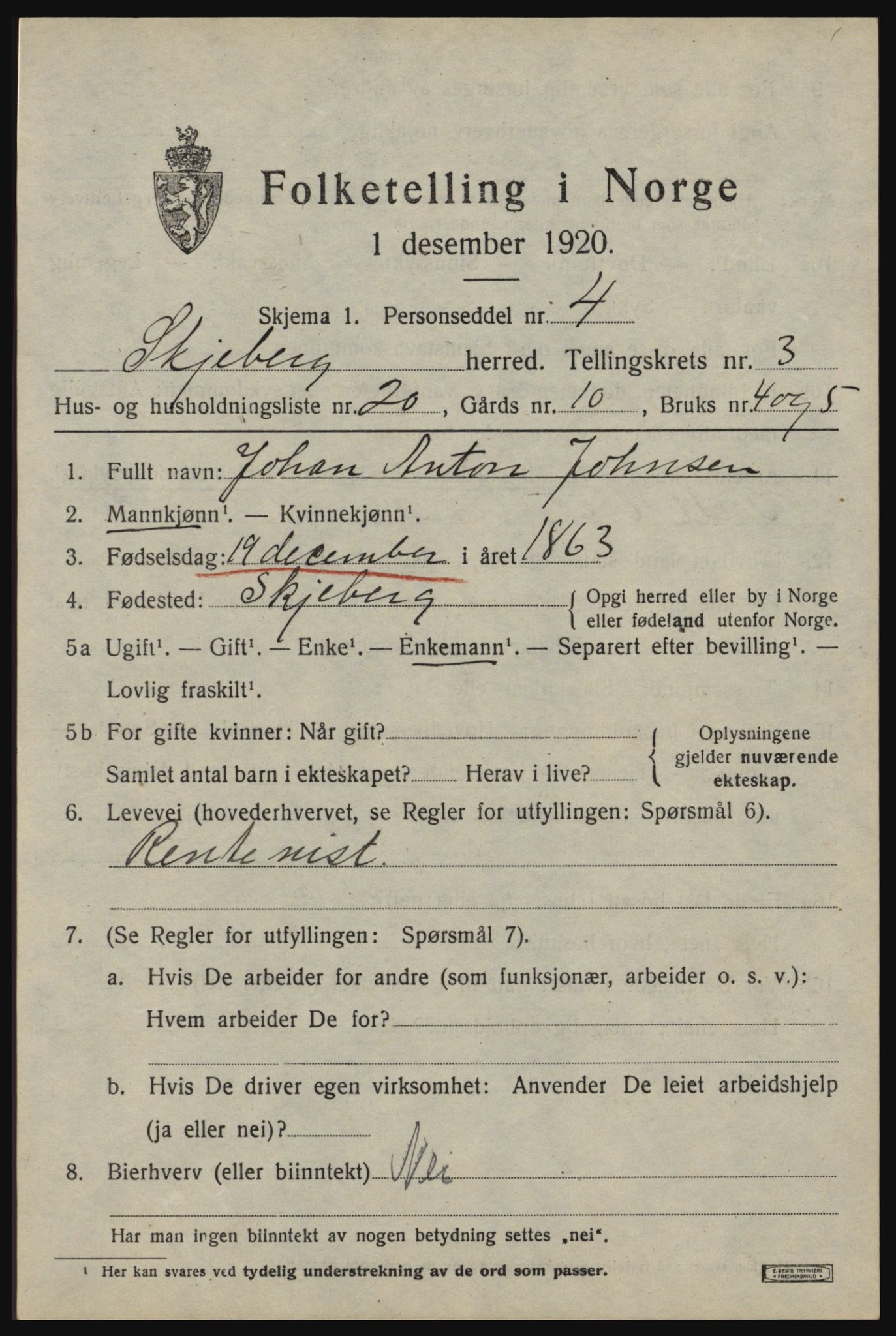 SAO, 1920 census for Skjeberg, 1920, p. 4609