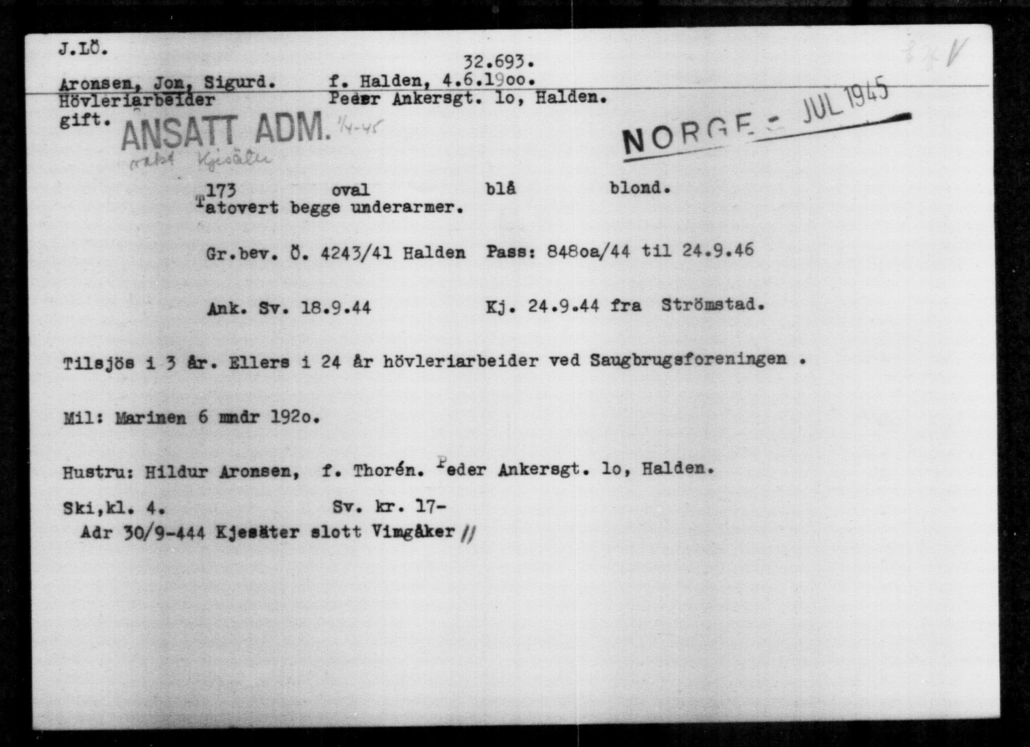Utenriksstasjonene, Legasjonen i Stockholm, Flyktningkontoret, AV/RA-S-6753/V/Va/L0013: Kjesäterkartoteket, flyktninger med registreringsnr. 31500-34731, 1940-1945, p. 1255