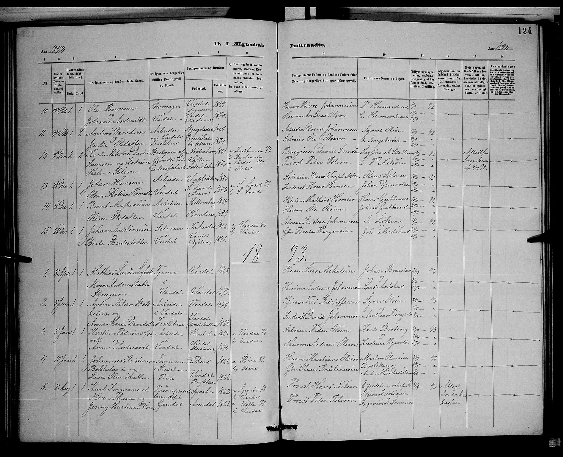 Vardal prestekontor, SAH/PREST-100/H/Ha/Hab/L0008: Parish register (copy) no. 8, 1881-1898, p. 124