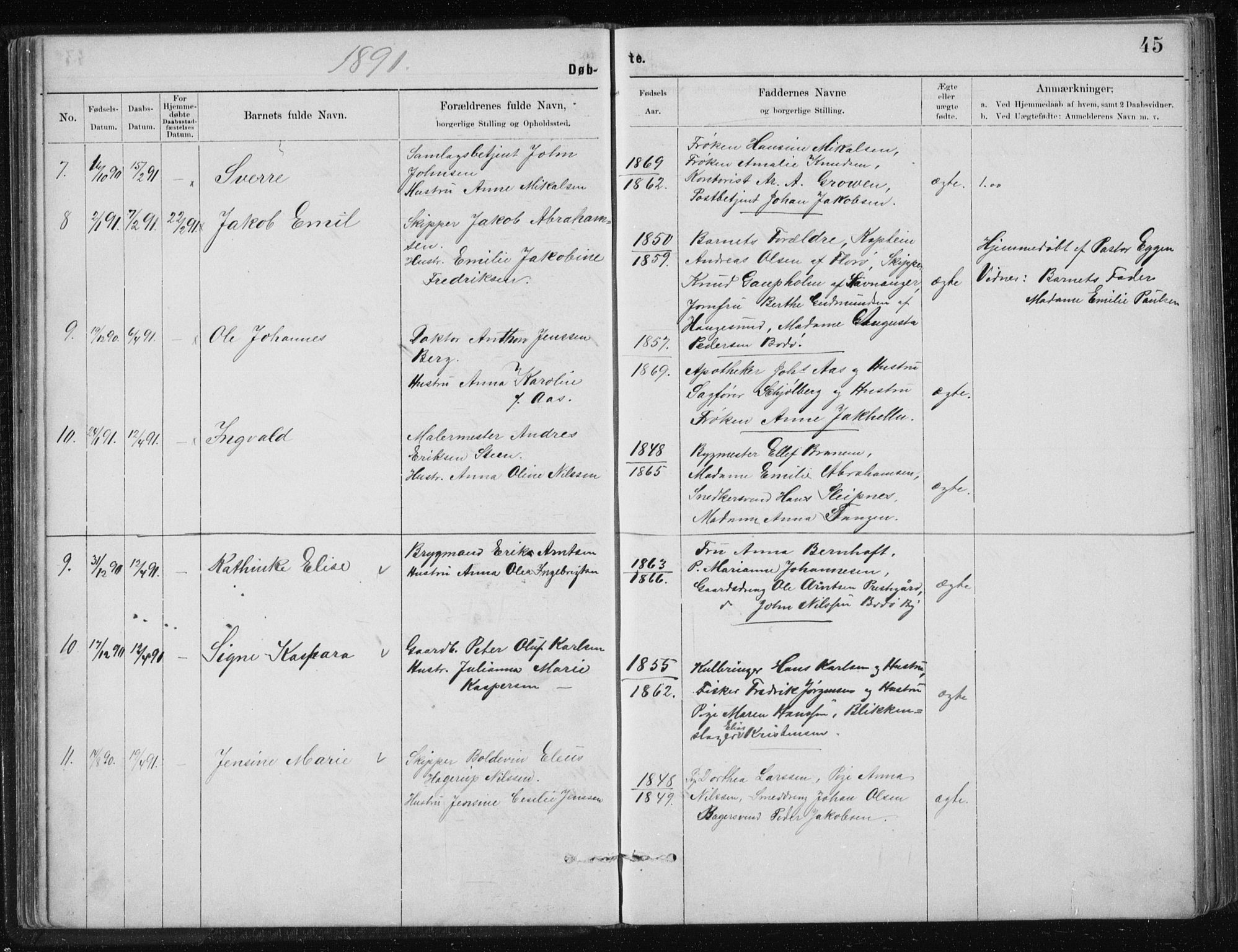 Ministerialprotokoller, klokkerbøker og fødselsregistre - Nordland, AV/SAT-A-1459/801/L0032: Parish register (copy) no. 801C07, 1889-1897, p. 45