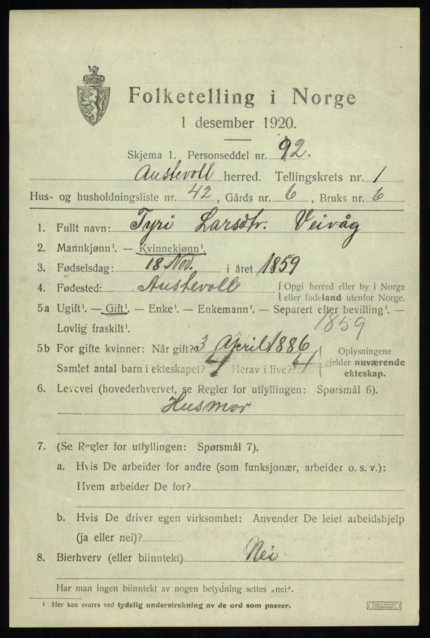 SAB, 1920 census for Austevoll, 1920, p. 1426