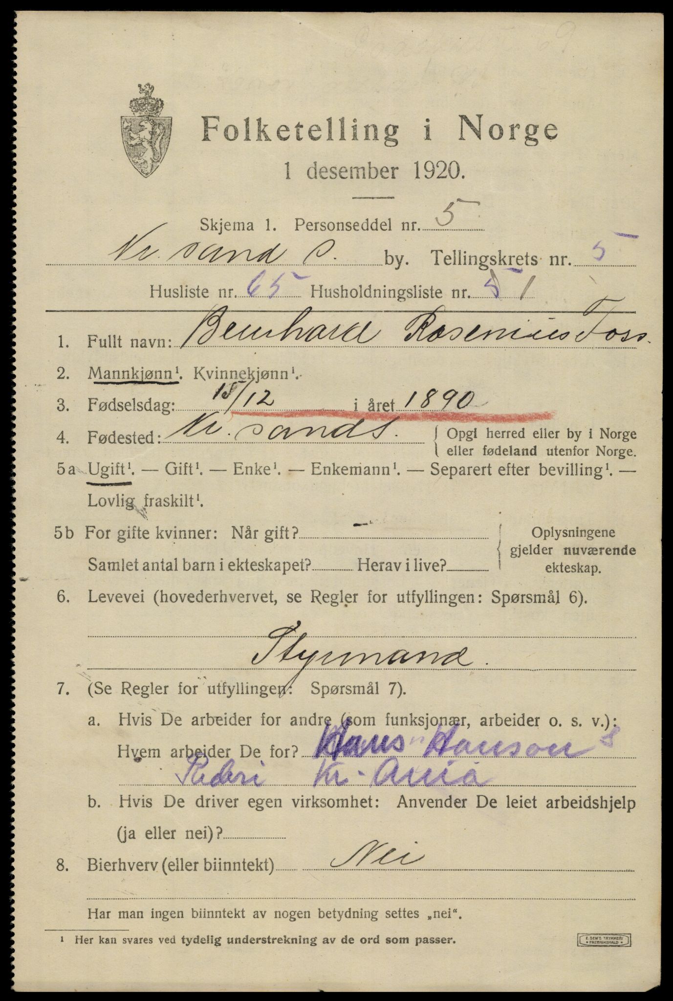 SAK, 1920 census for Kristiansand, 1920, p. 18301