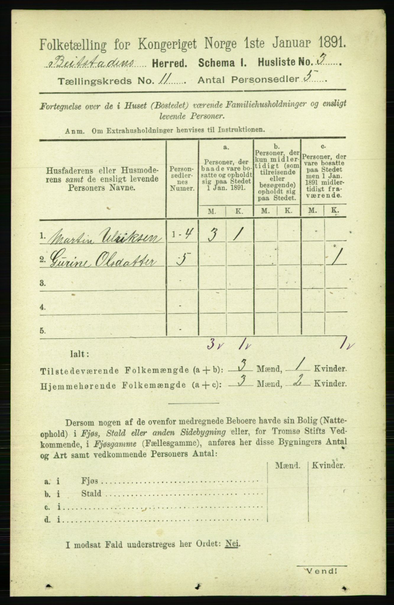 RA, 1891 census for 1727 Beitstad, 1891, p. 2988