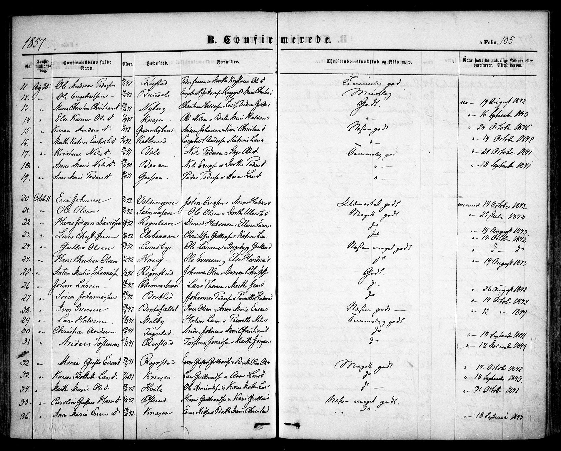 Hurdal prestekontor Kirkebøker, AV/SAO-A-10889/F/Fa/L0005: Parish register (official) no. I 5, 1846-1859, p. 105