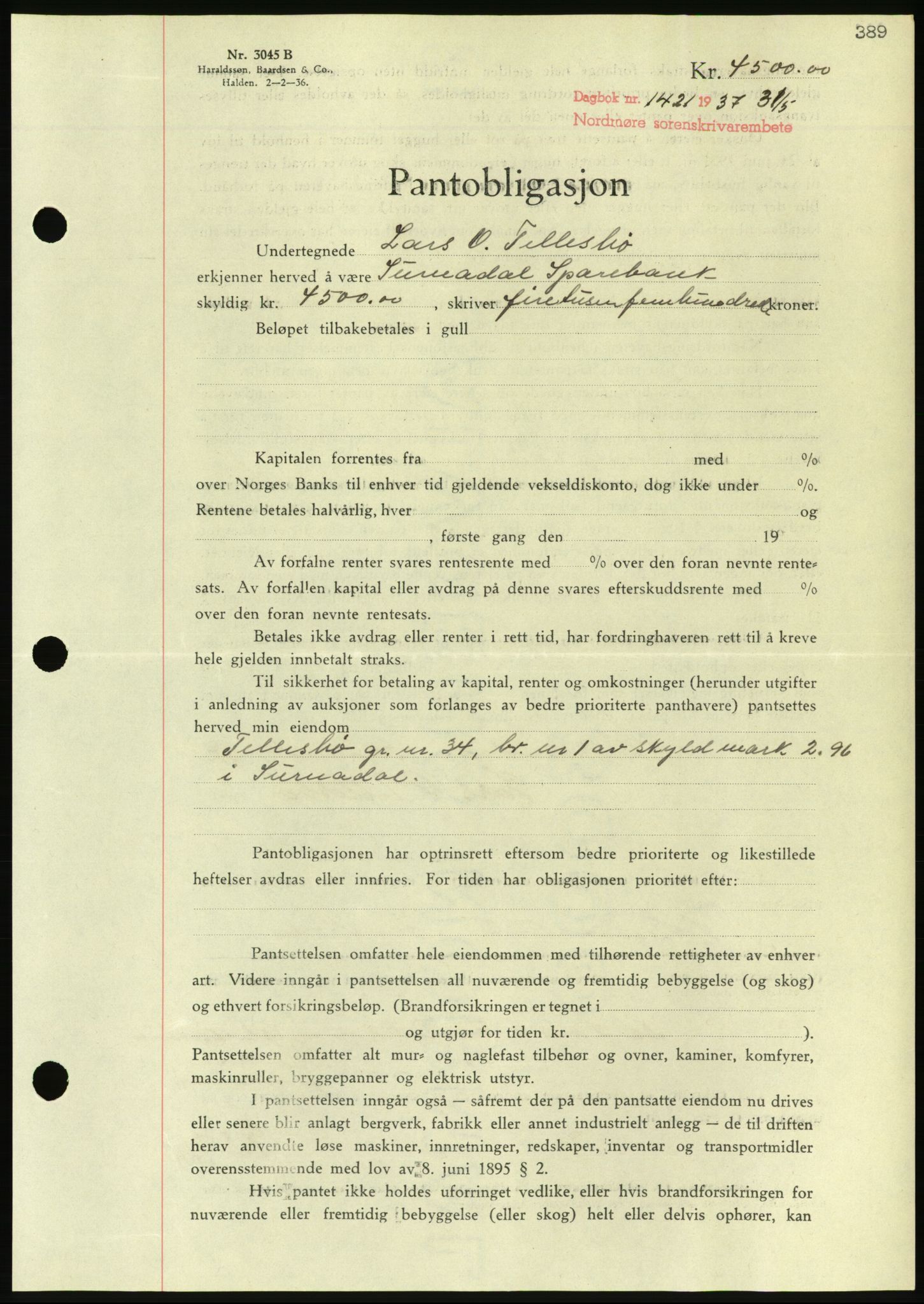 Nordmøre sorenskriveri, AV/SAT-A-4132/1/2/2Ca/L0091: Mortgage book no. B81, 1937-1937, Diary no: : 1421/1937