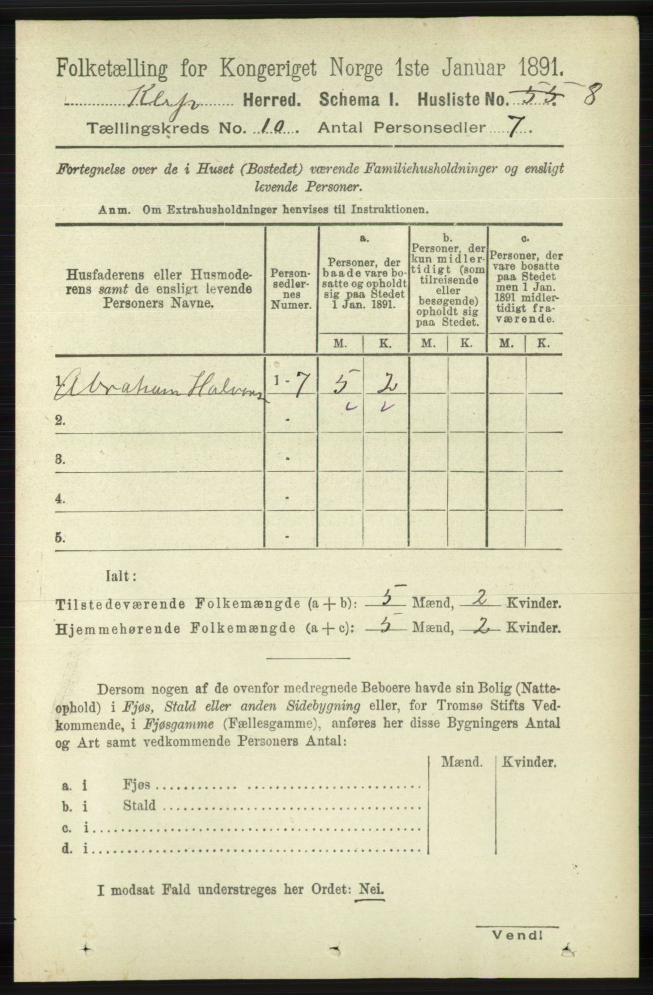 RA, 1891 census for 1120 Klepp, 1891, p. 2826