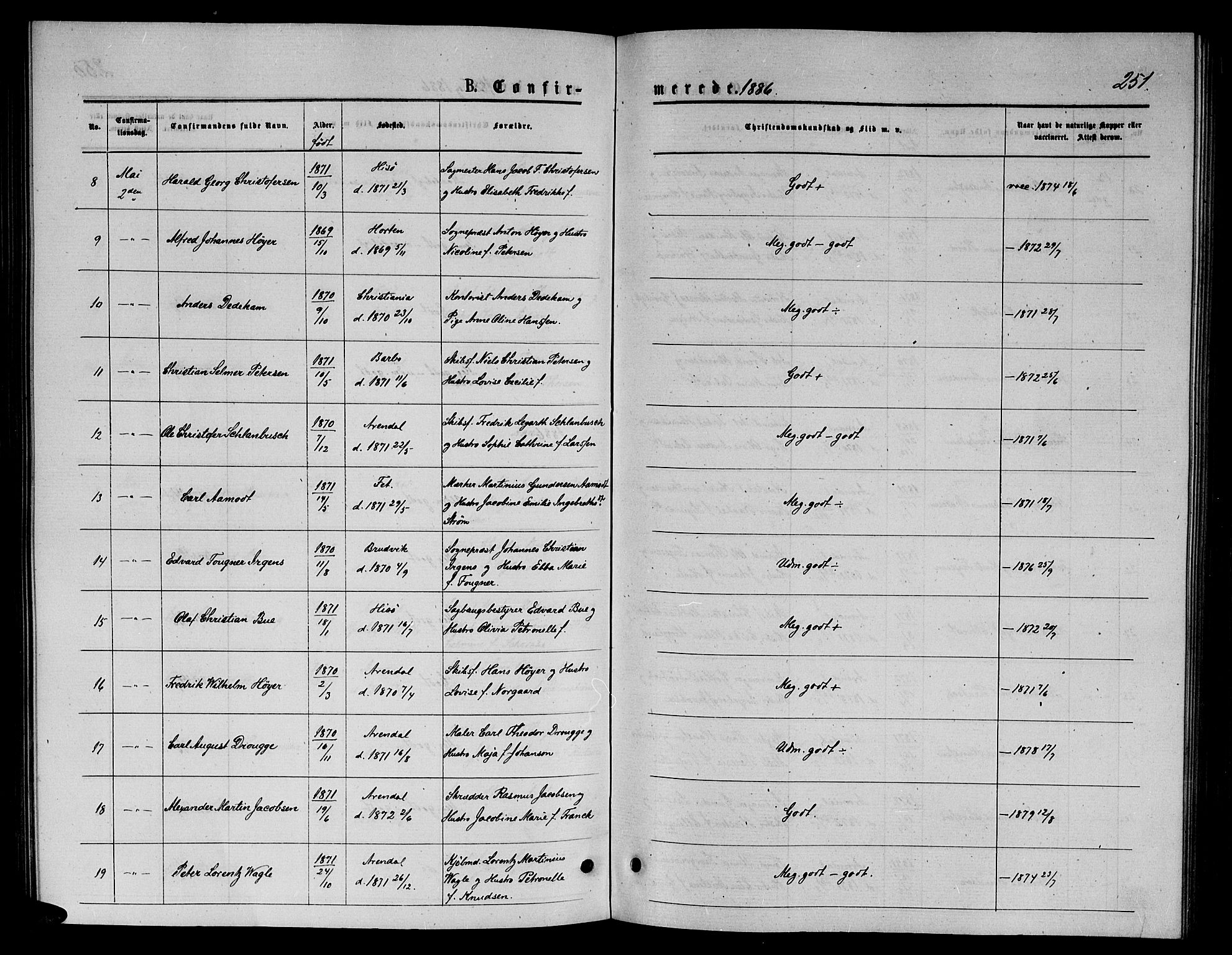 Arendal sokneprestkontor, Trefoldighet, AV/SAK-1111-0040/F/Fb/L0005: Parish register (copy) no. B 5, 1874-1888, p. 251