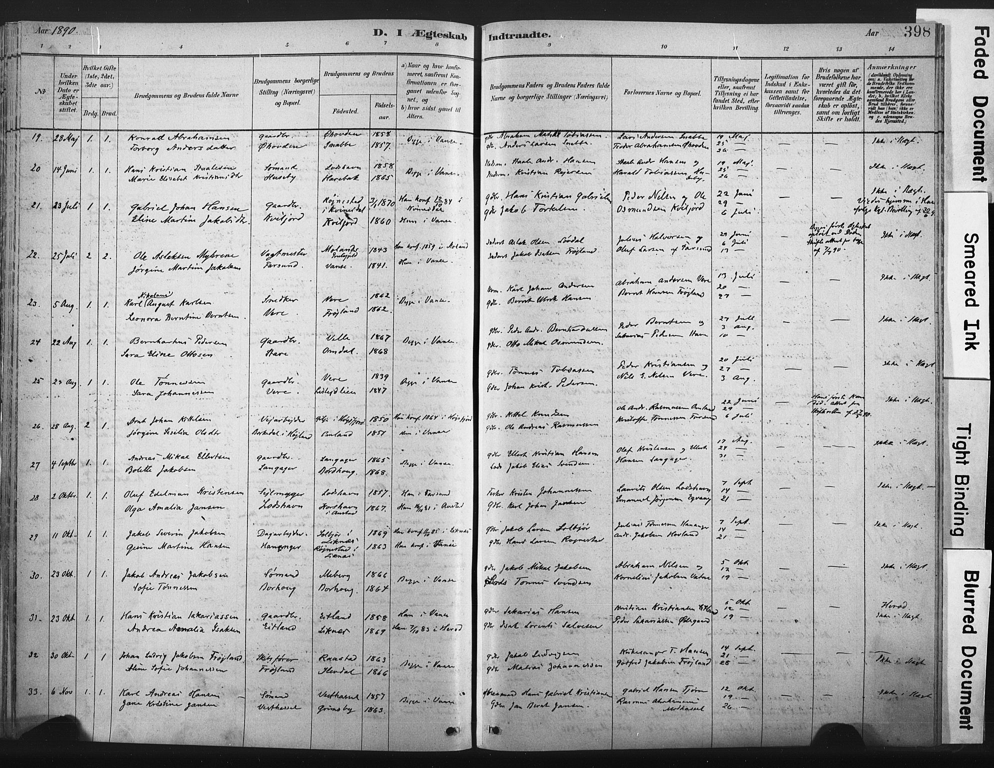 Lista sokneprestkontor, AV/SAK-1111-0027/F/Fa/L0012: Parish register (official) no. A 12, 1879-1903, p. 398