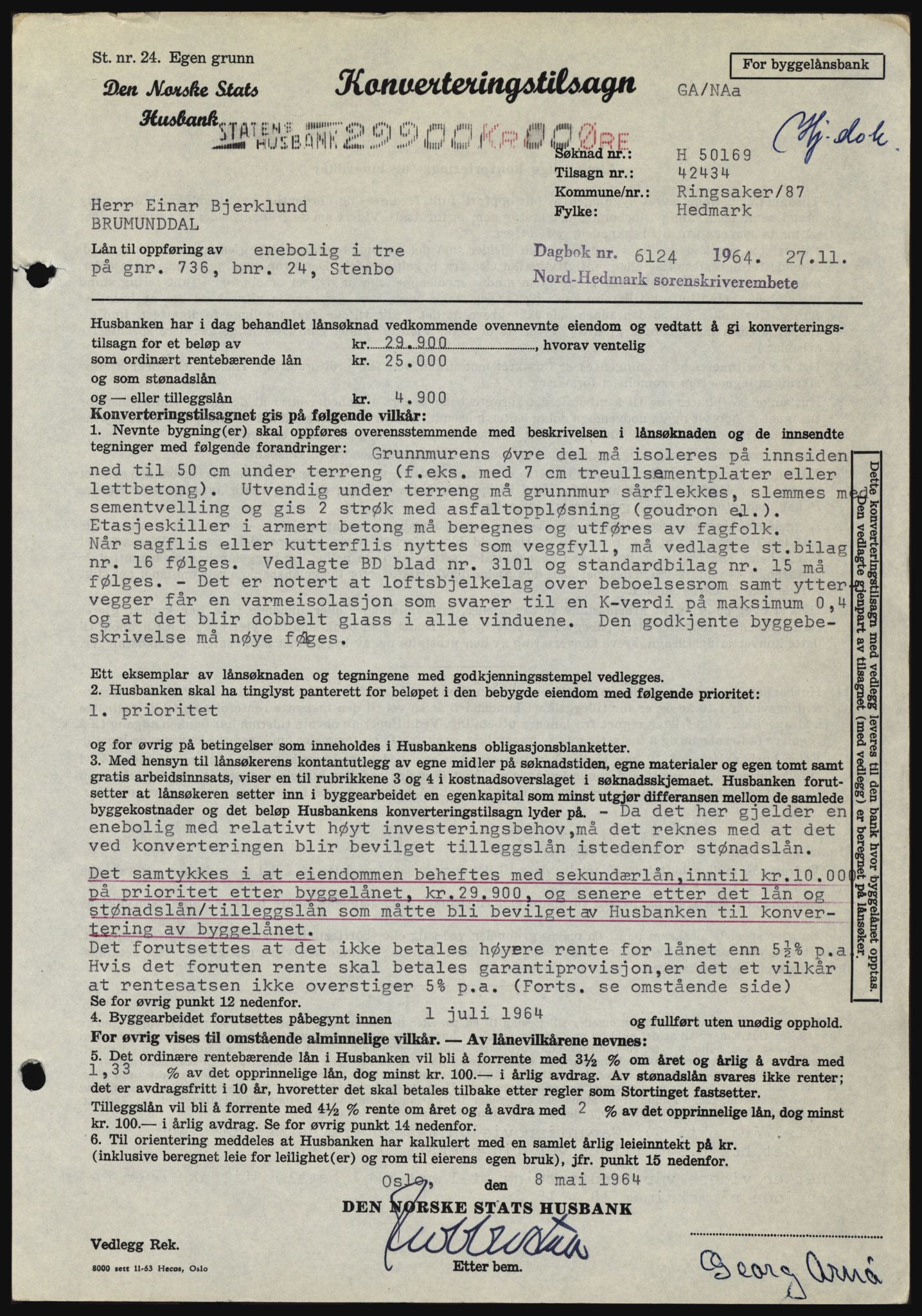 Nord-Hedmark sorenskriveri, SAH/TING-012/H/Hc/L0020: Mortgage book no. 20, 1964-1964, Diary no: : 6124/1964