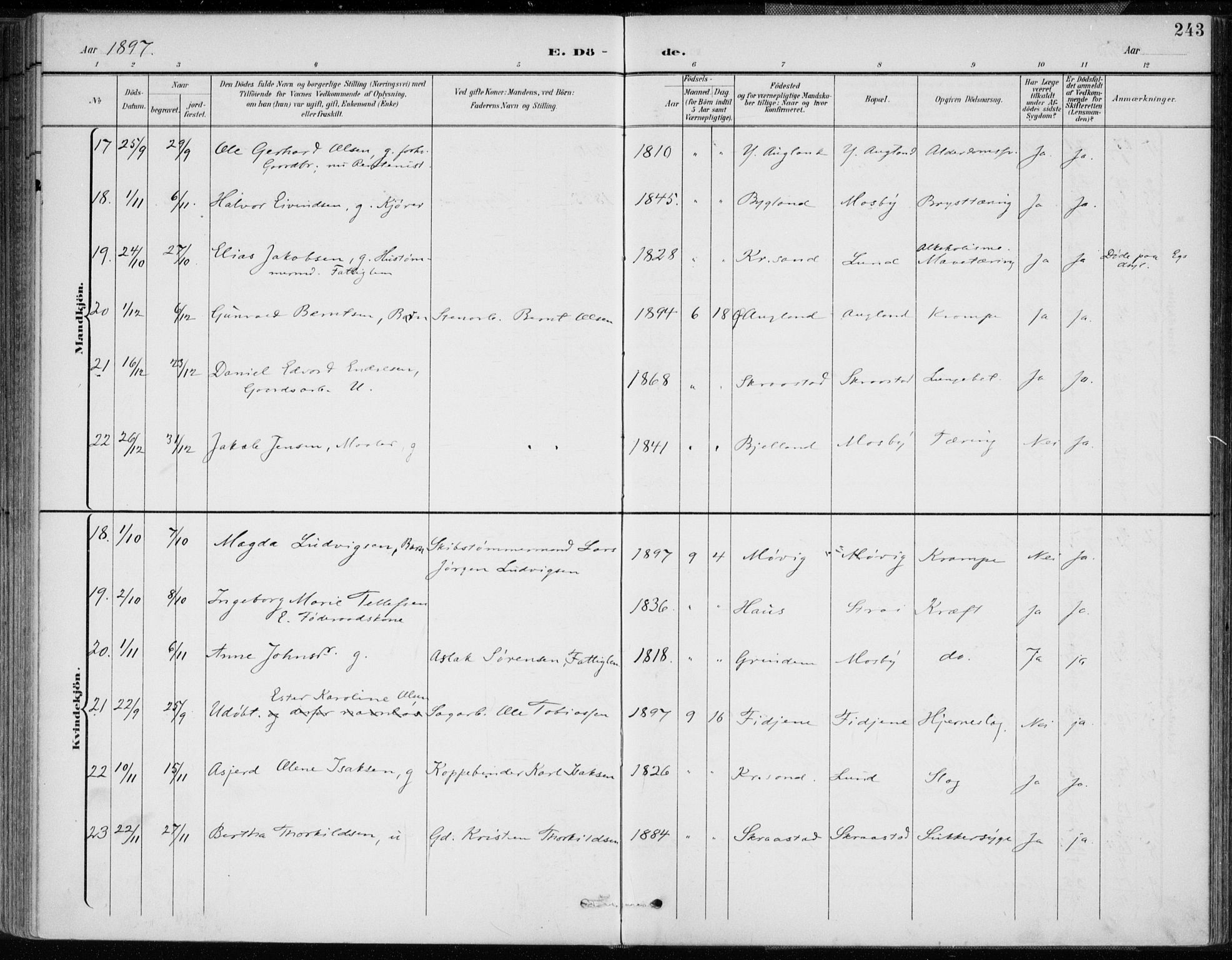 Oddernes sokneprestkontor, AV/SAK-1111-0033/F/Fa/Faa/L0010: Parish register (official) no. A 10, 1897-1911, p. 243