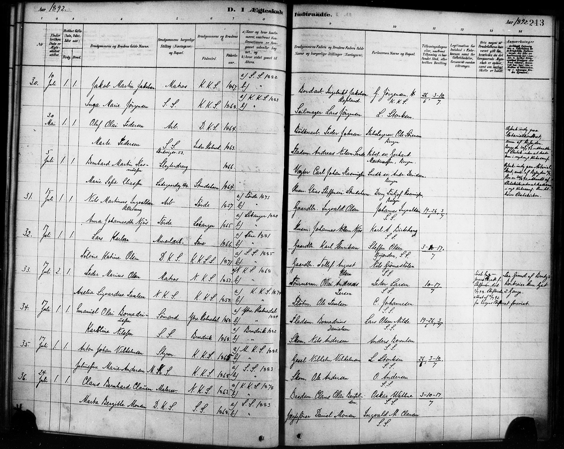 Sandviken Sokneprestembete, SAB/A-77601/H/Ha/L0002: Parish register (official) no. A 2, 1878-1896, p. 213