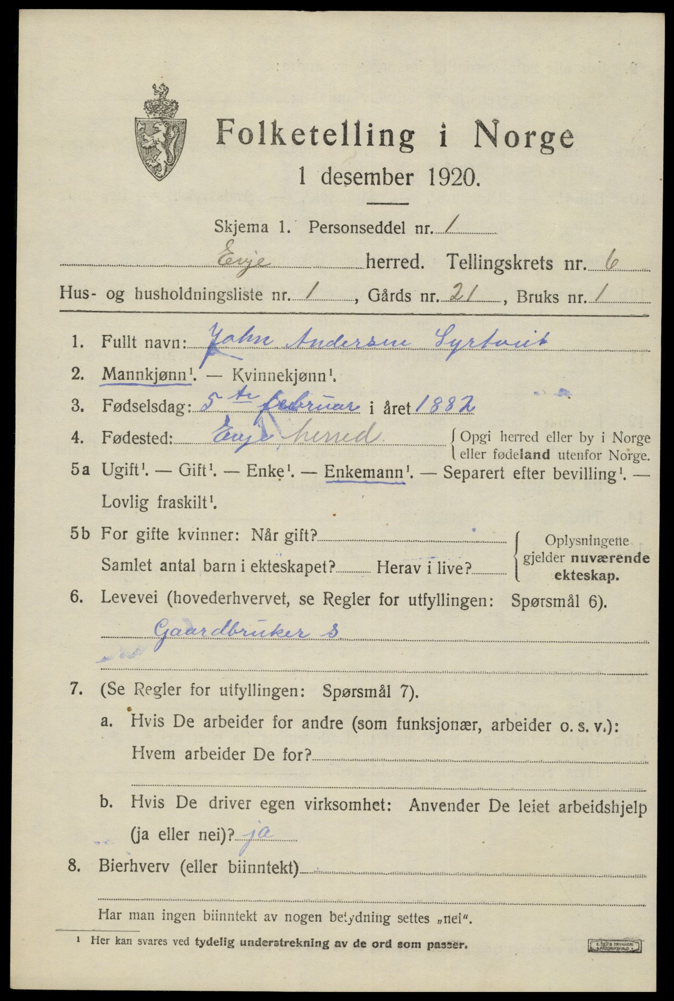 SAK, 1920 census for Evje, 1920, p. 2092