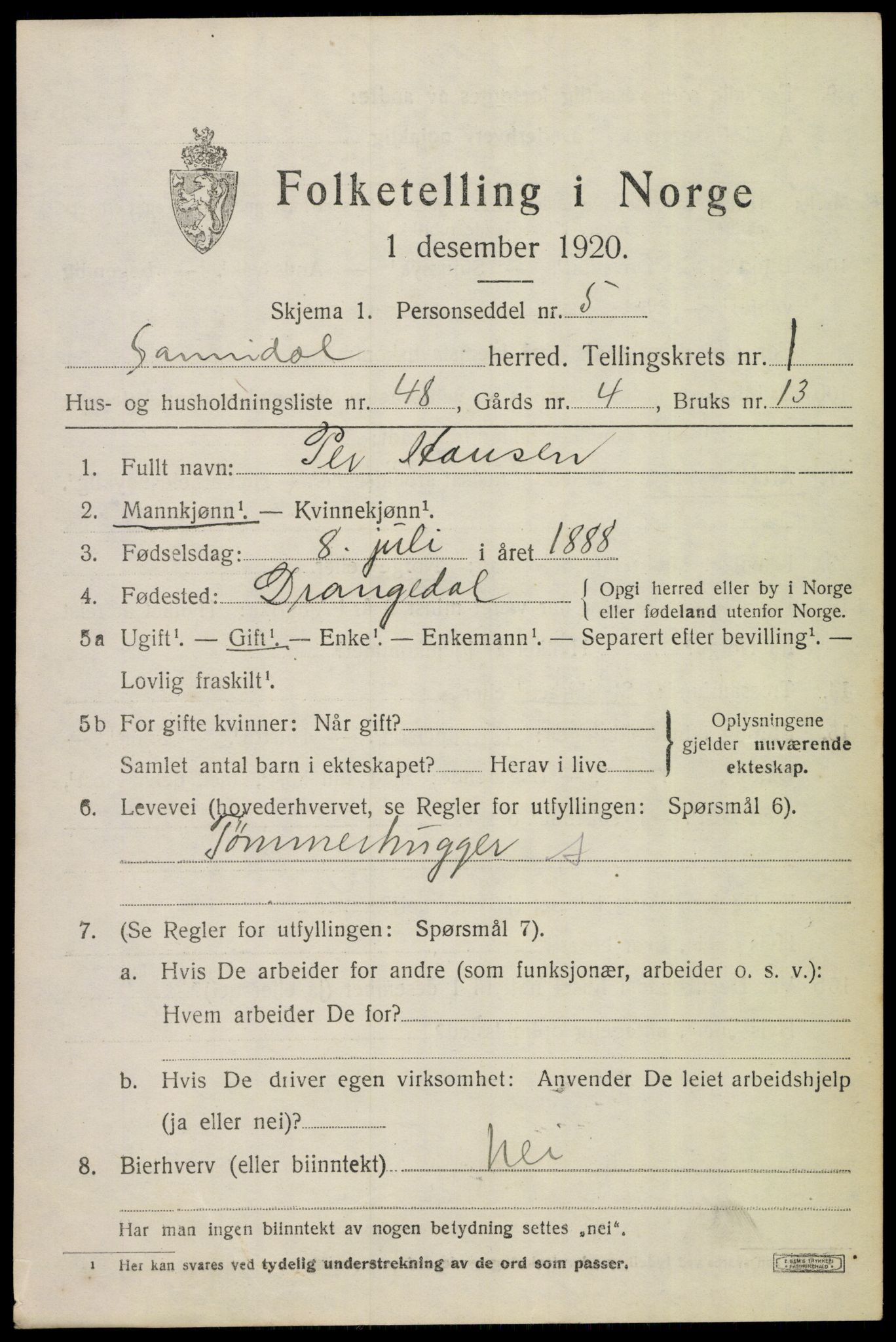 SAKO, 1920 census for Sannidal, 1920, p. 1609