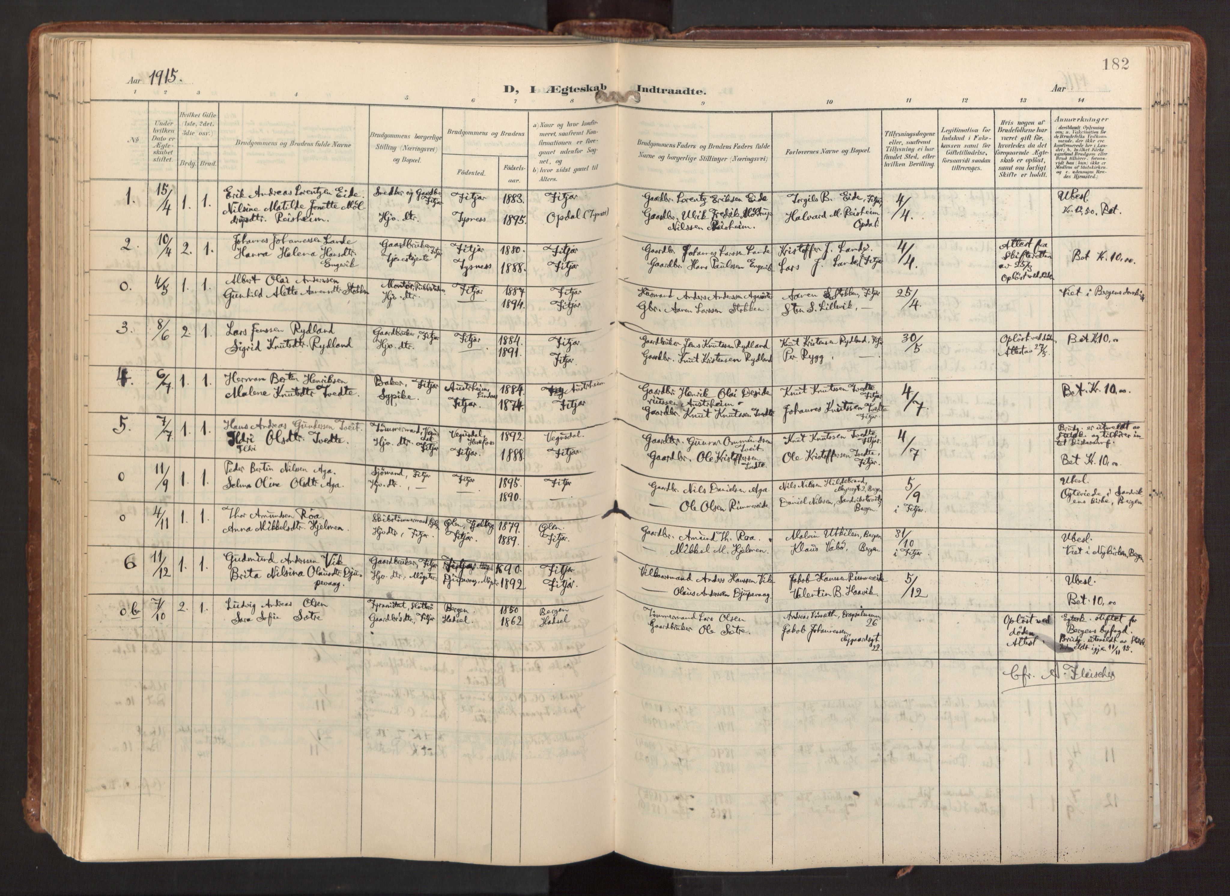 Fitjar sokneprestembete, SAB/A-99926: Parish register (official) no. A 3, 1900-1918, p. 182