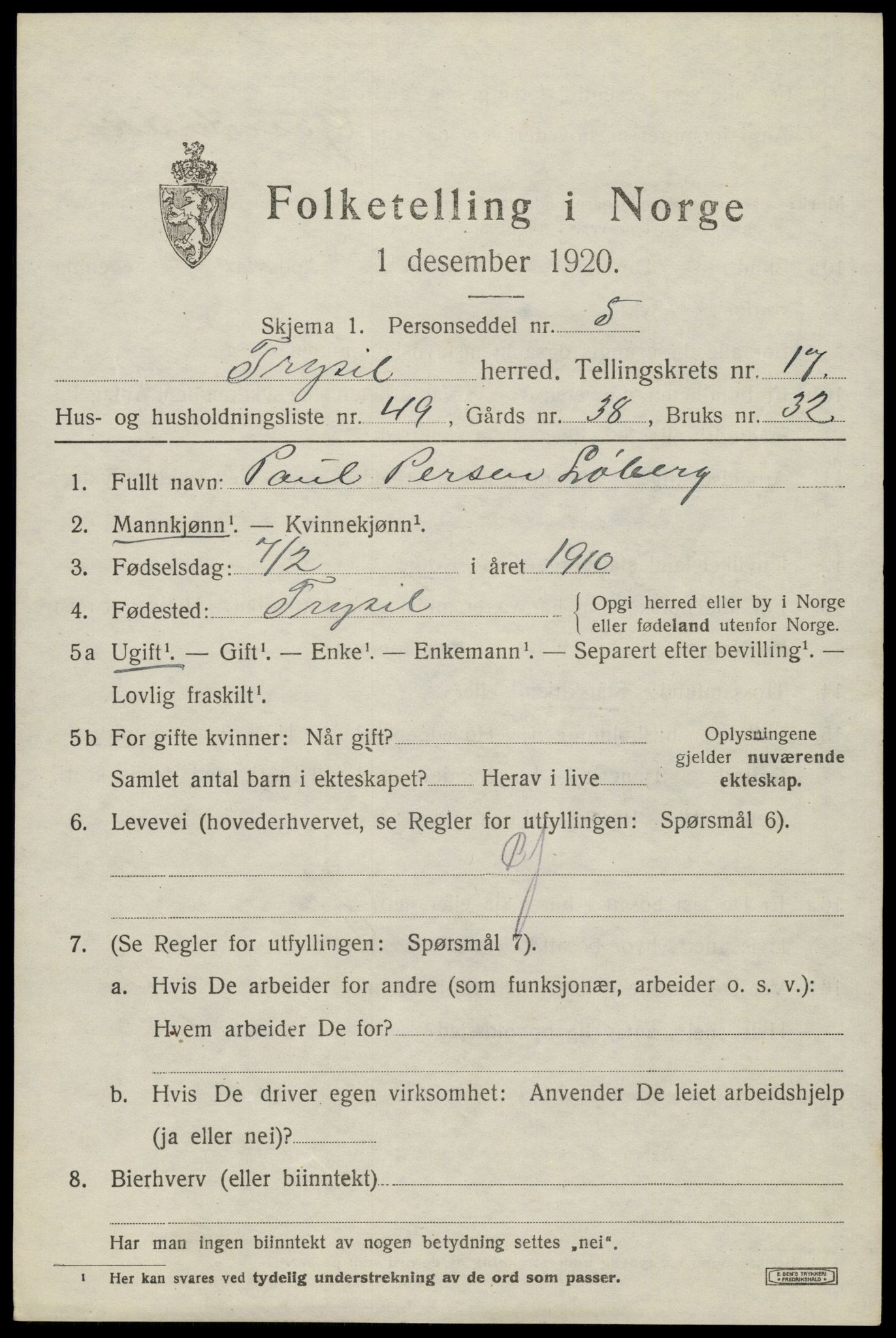 SAH, 1920 census for Trysil, 1920, p. 10749