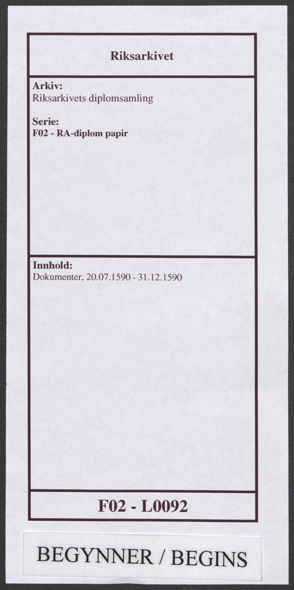 Riksarkivets diplomsamling, RA/EA-5965/F02/L0092: Dokumenter, 1590, p. 1