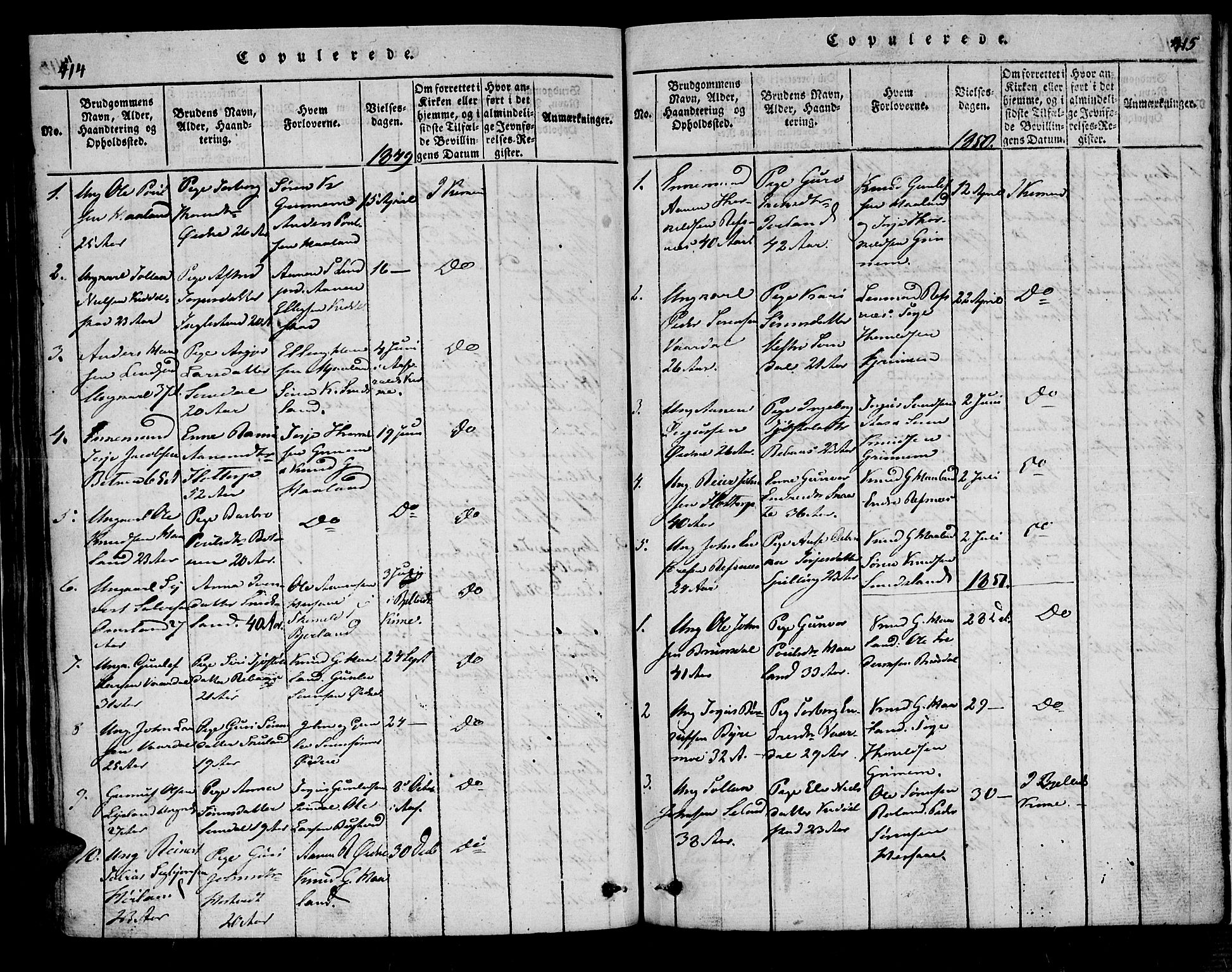 Bjelland sokneprestkontor, SAK/1111-0005/F/Fa/Fac/L0001: Parish register (official) no. A 1, 1815-1866, p. 414-415