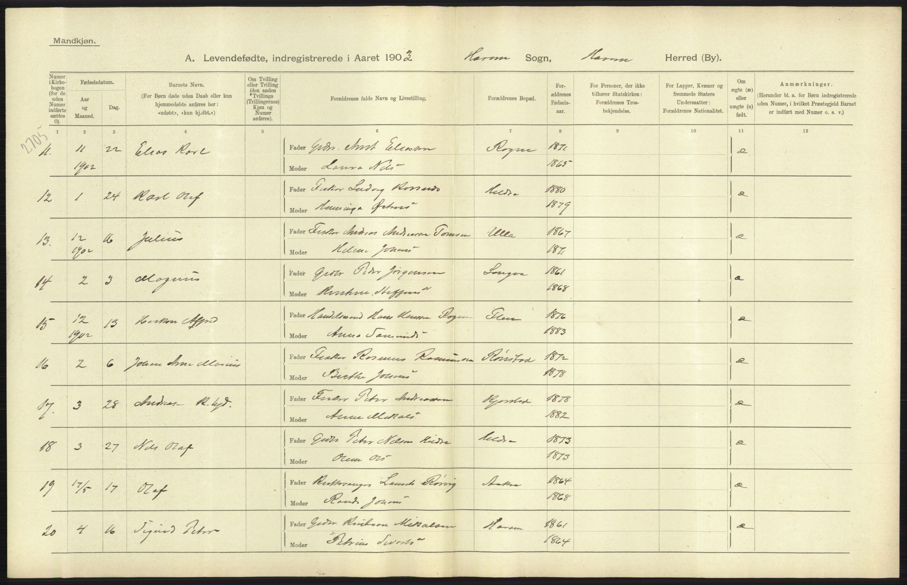 Statistisk sentralbyrå, Sosiodemografiske emner, Befolkning, AV/RA-S-2228/D/Df/Dfa/Dfaa/L0016: Romsdal amt: Fødte, gifte, døde., 1903, p. 21