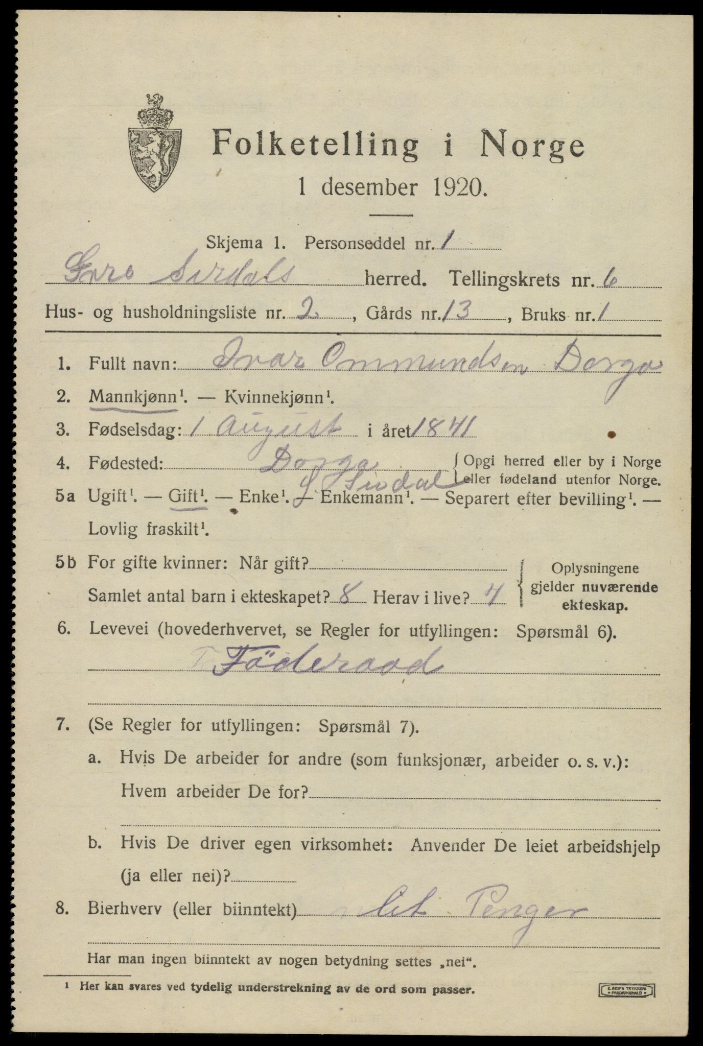 SAK, 1920 census for Øvre Sirdal, 1920, p. 1053