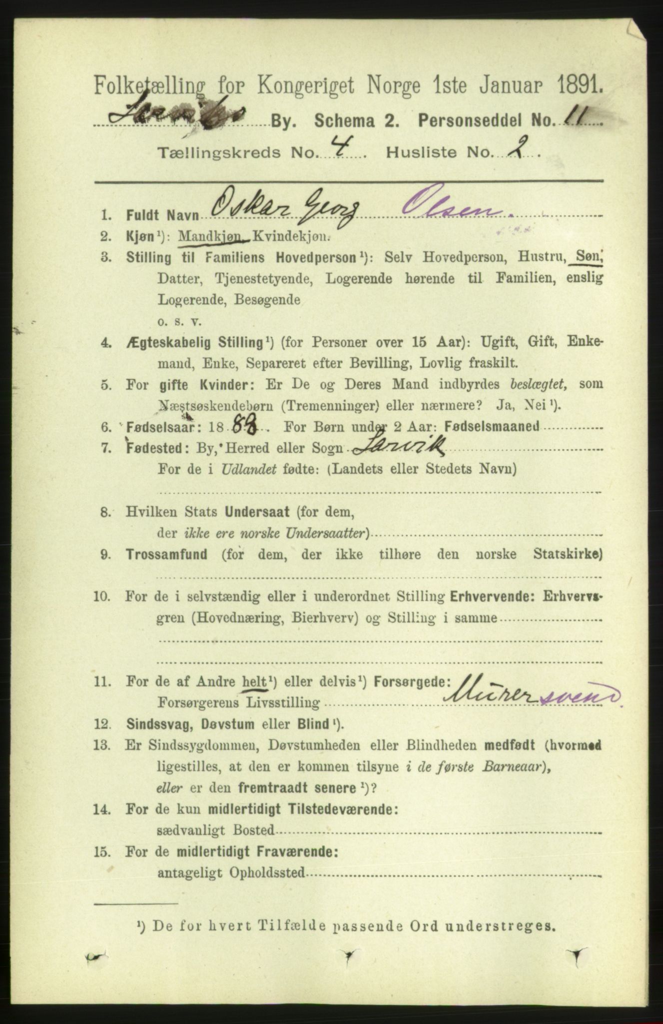 RA, 1891 census for 0707 Larvik, 1891, p. 5087