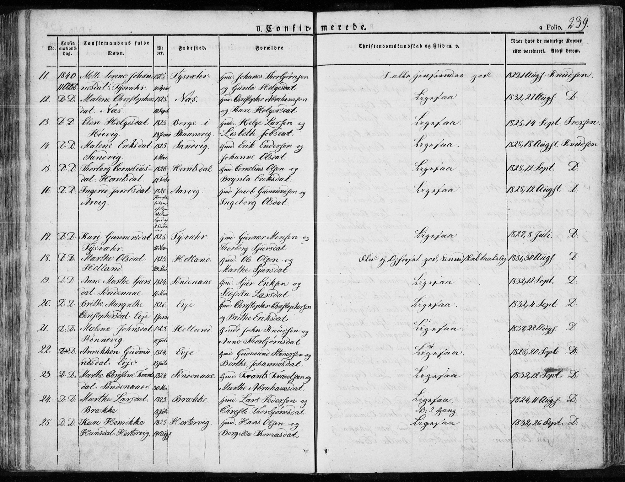 Tysvær sokneprestkontor, AV/SAST-A -101864/H/Ha/Haa/L0001: Parish register (official) no. A 1.1, 1831-1856, p. 239