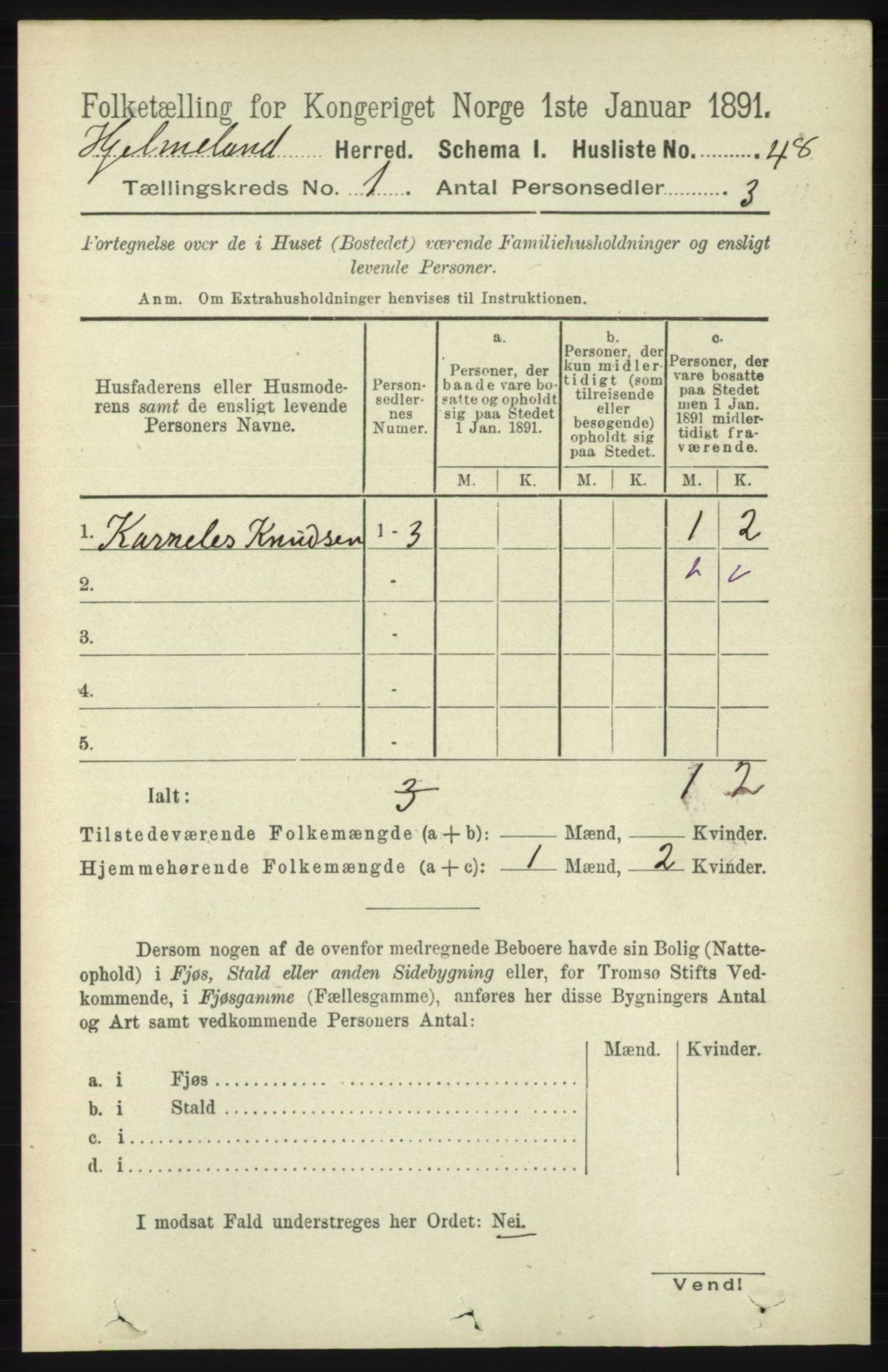 RA, 1891 census for 1133 Hjelmeland, 1891, p. 70