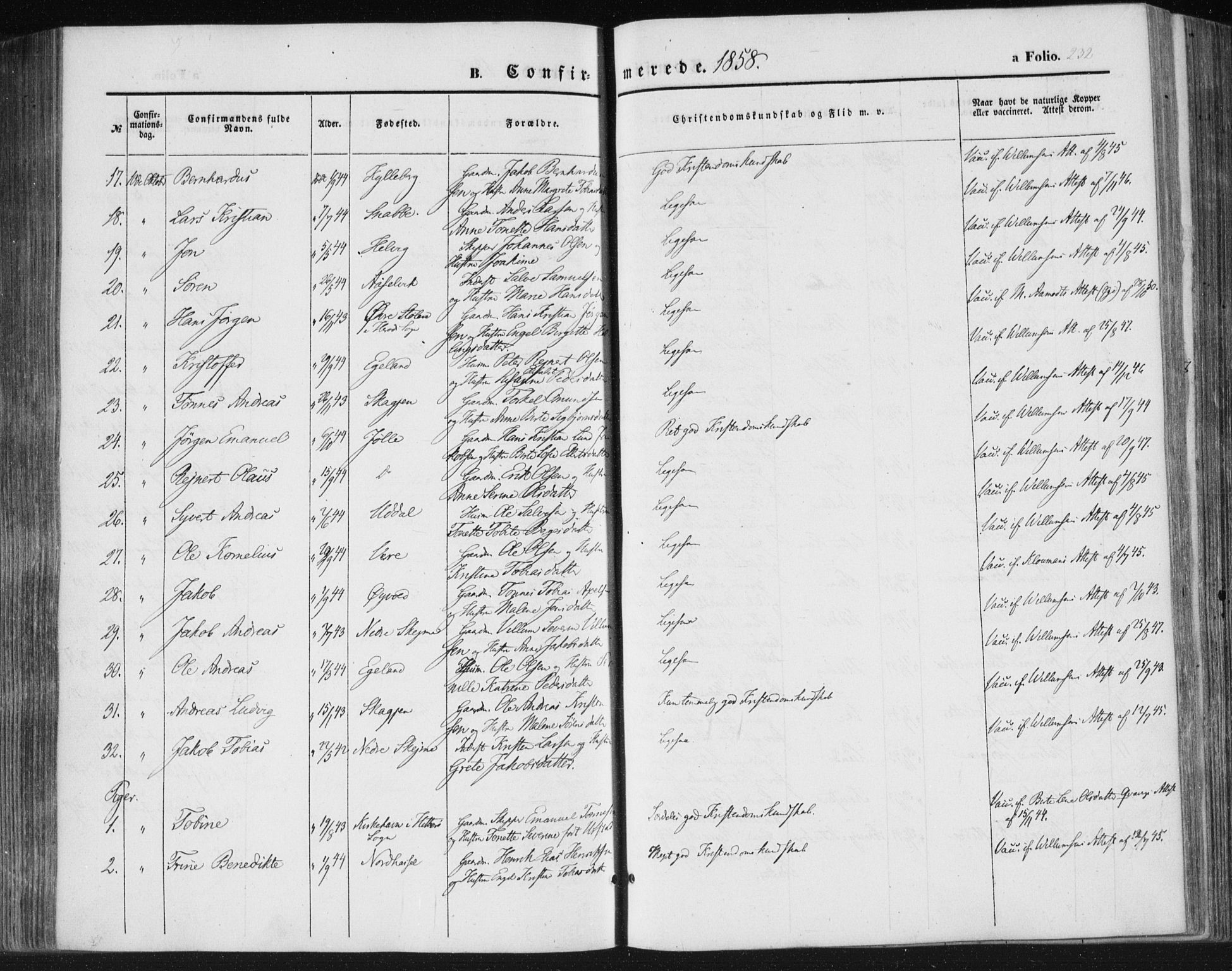 Lista sokneprestkontor, AV/SAK-1111-0027/F/Fa/L0010: Parish register (official) no. A 10, 1846-1861, p. 232