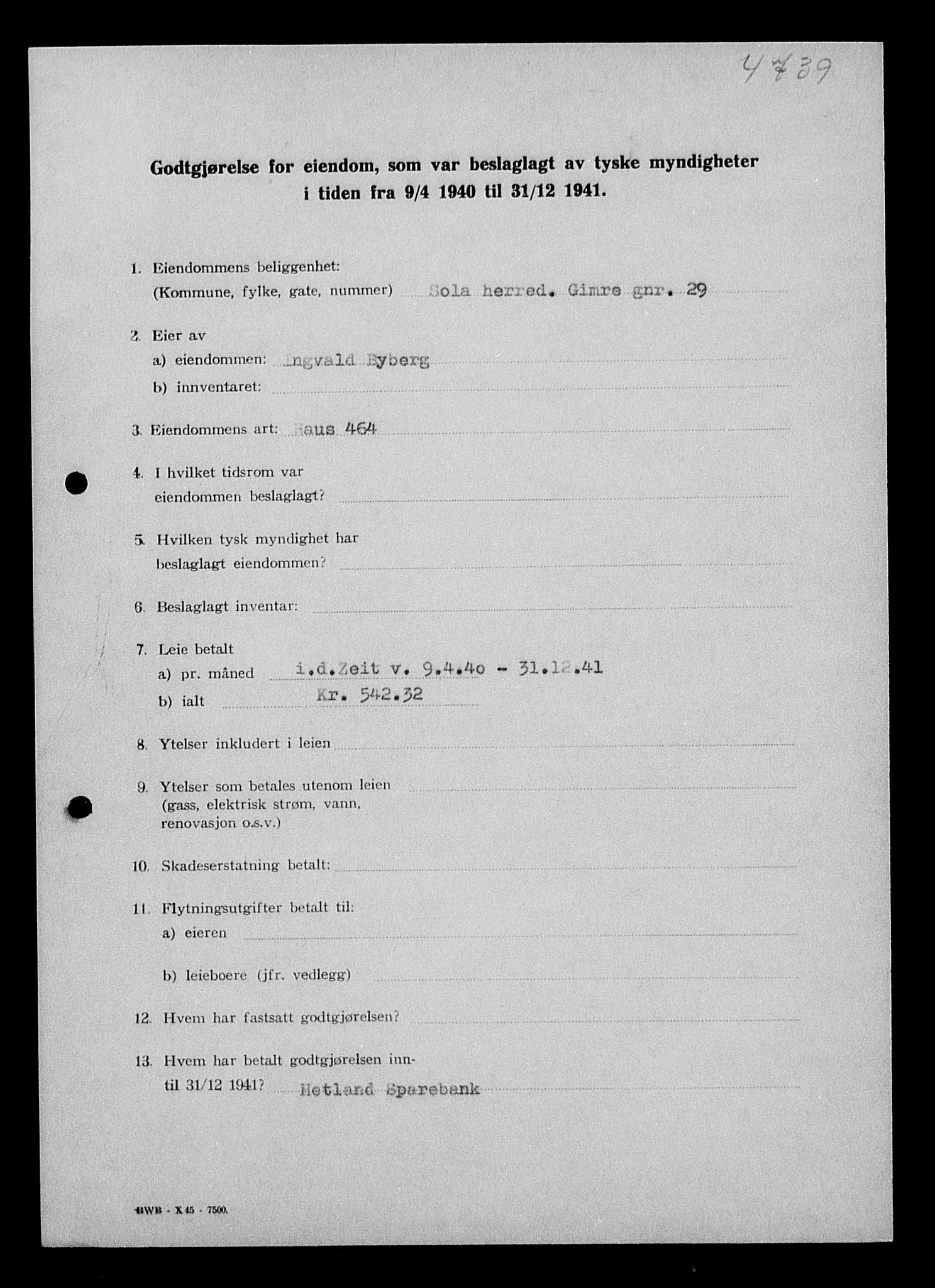 Justisdepartementet, Tilbakeføringskontoret for inndratte formuer, AV/RA-S-1564/I/L1014: Godtgjørelse for beslaglagt eiendom, 1940-1941, p. 209