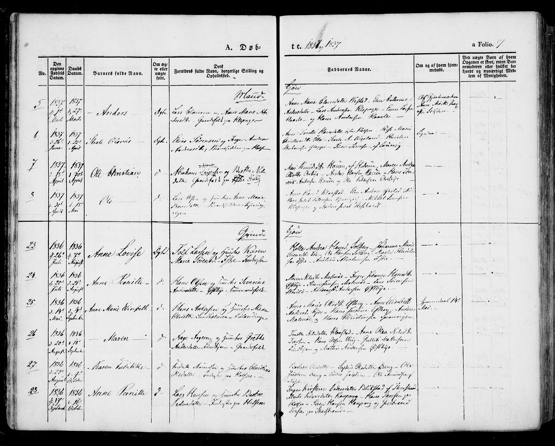 Tjølling kirkebøker, SAKO/A-60/F/Fa/L0006: Parish register (official) no. 6, 1835-1859, p. 7