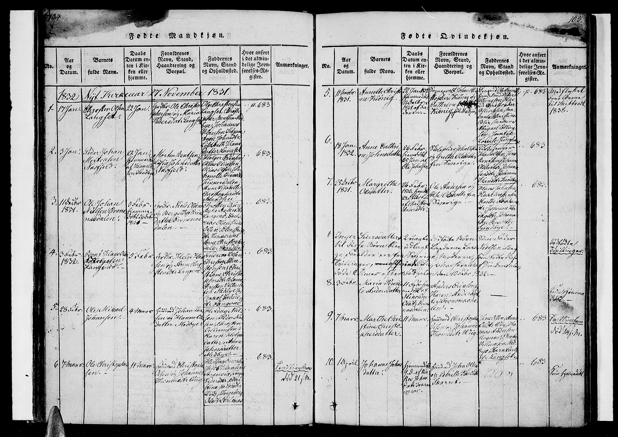 Ministerialprotokoller, klokkerbøker og fødselsregistre - Nordland, AV/SAT-A-1459/847/L0665: Parish register (official) no. 847A05, 1818-1841, p. 104-105