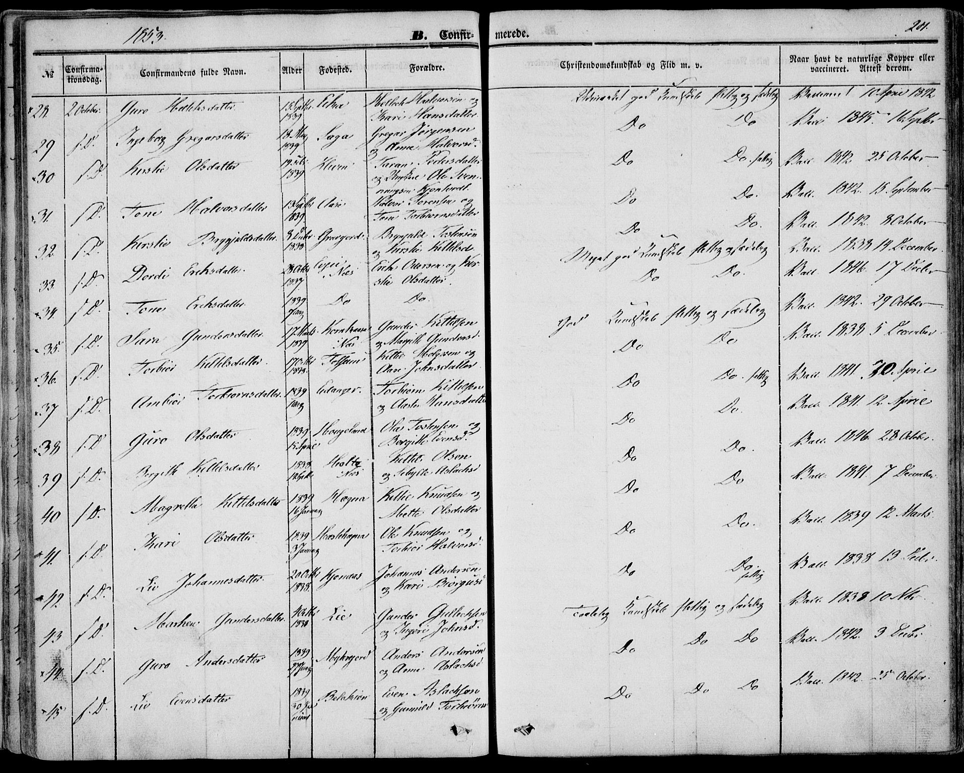Bø kirkebøker, AV/SAKO-A-257/F/Fa/L0008: Parish register (official) no. 8, 1849-1861, p. 201