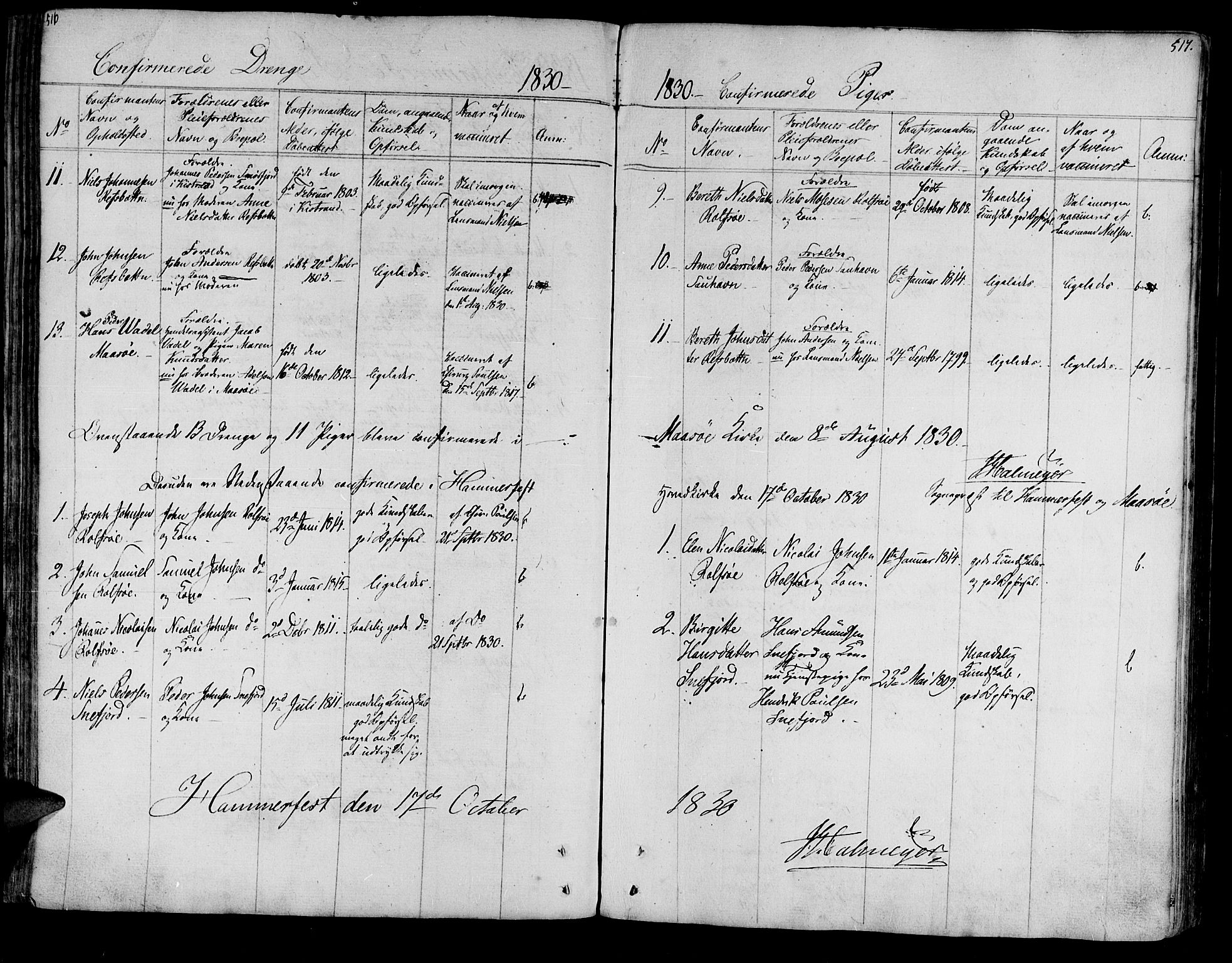 Måsøy sokneprestkontor, AV/SATØ-S-1348/H/Ha/L0001kirke: Parish register (official) no. 1, 1806-1851, p. 516-517