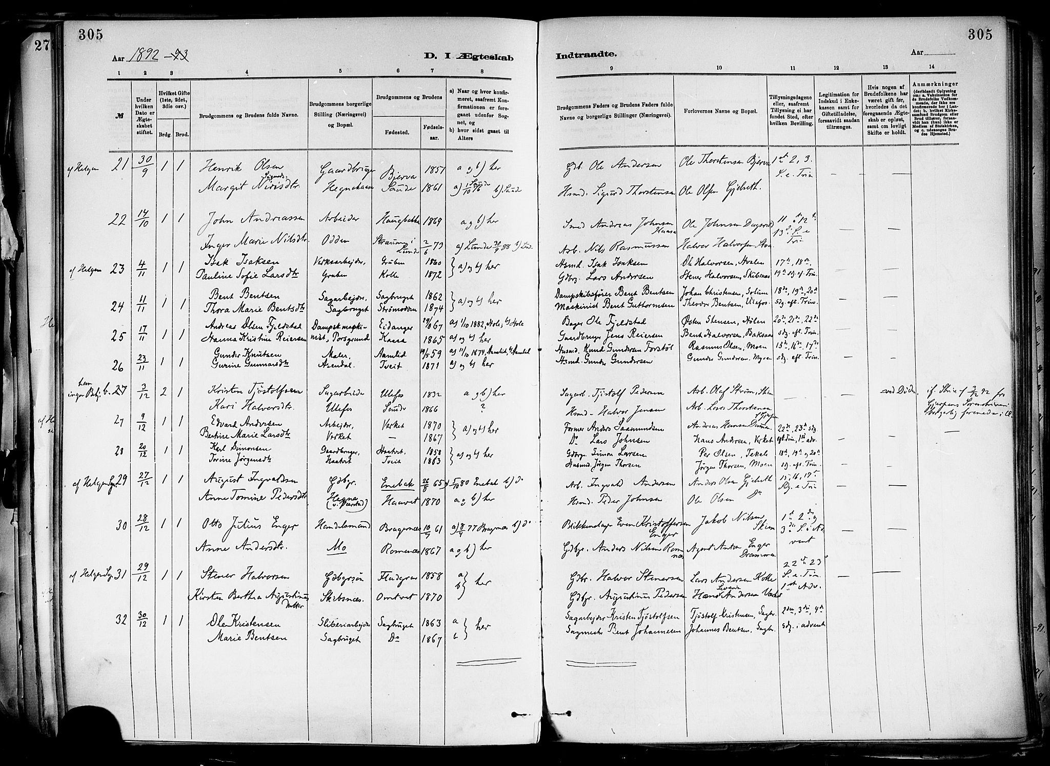 Holla kirkebøker, AV/SAKO-A-272/F/Fa/L0008: Parish register (official) no. 8, 1882-1897, p. 305