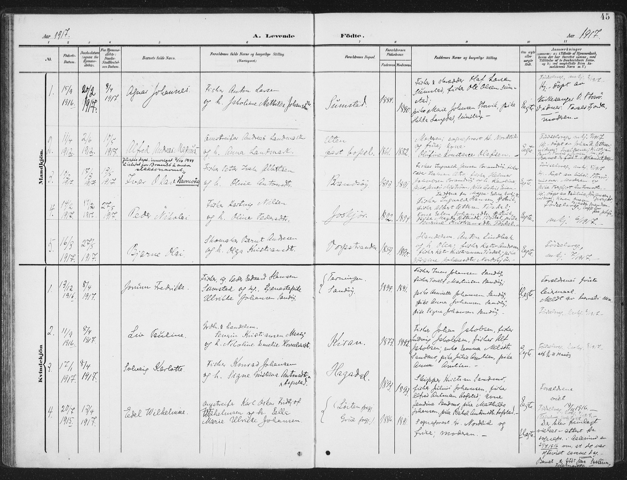 Ministerialprotokoller, klokkerbøker og fødselsregistre - Sør-Trøndelag, SAT/A-1456/657/L0709: Parish register (official) no. 657A10, 1905-1919, p. 45