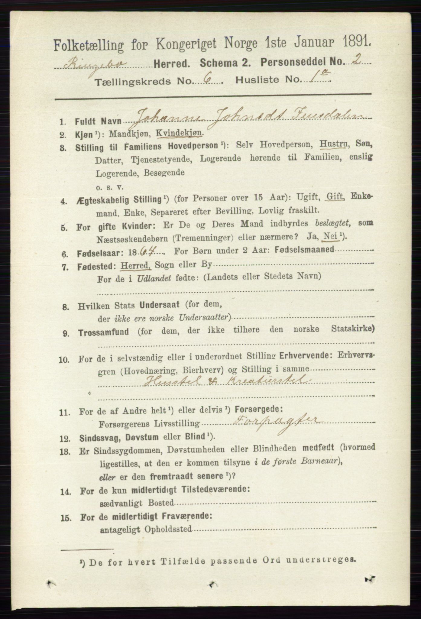 RA, 1891 census for 0520 Ringebu, 1891, p. 2444