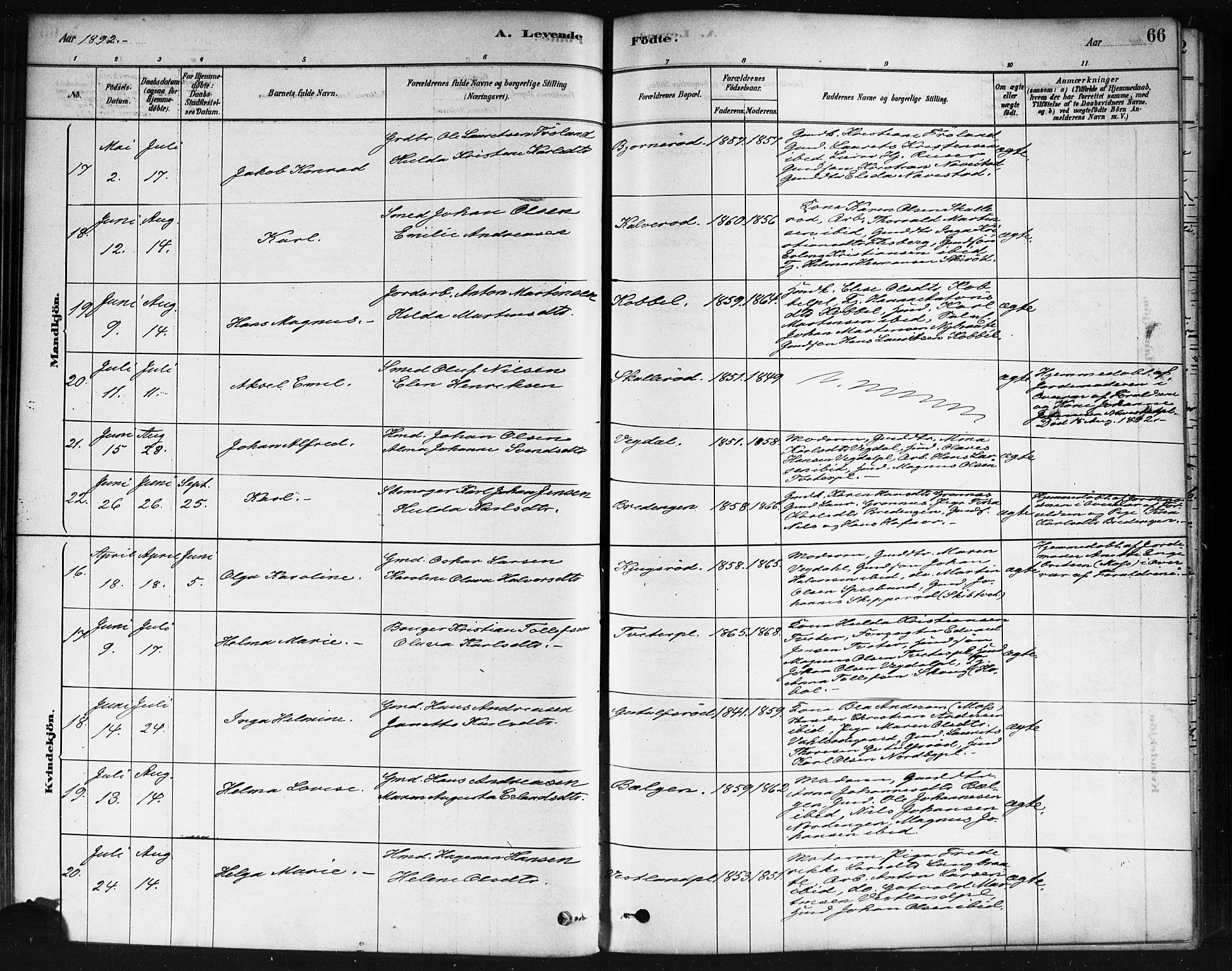 Våler prestekontor Kirkebøker, AV/SAO-A-11083/F/Fa/L0010: Parish register (official) no. I 10, 1878-1896, p. 66