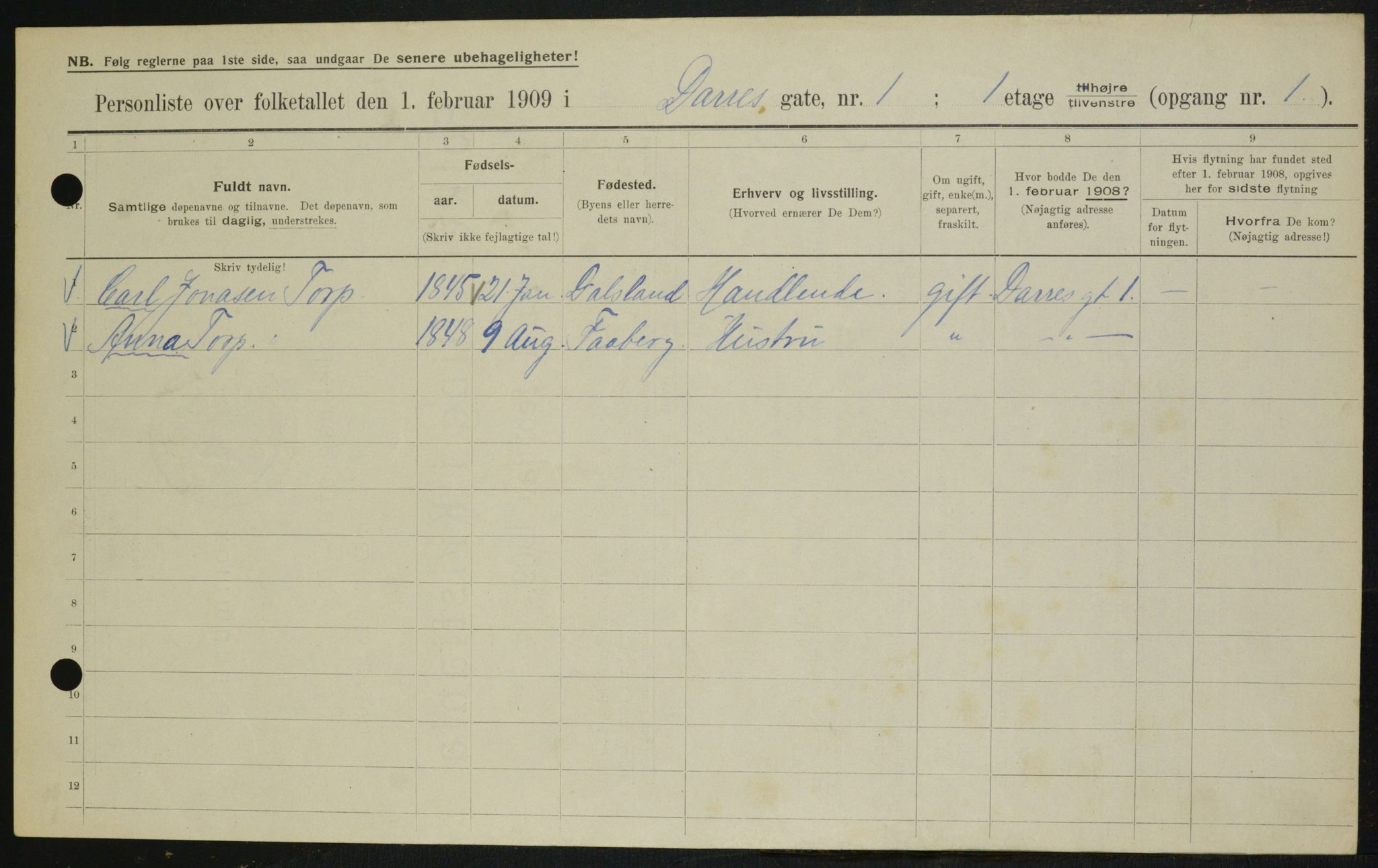 OBA, Municipal Census 1909 for Kristiania, 1909, p. 14052