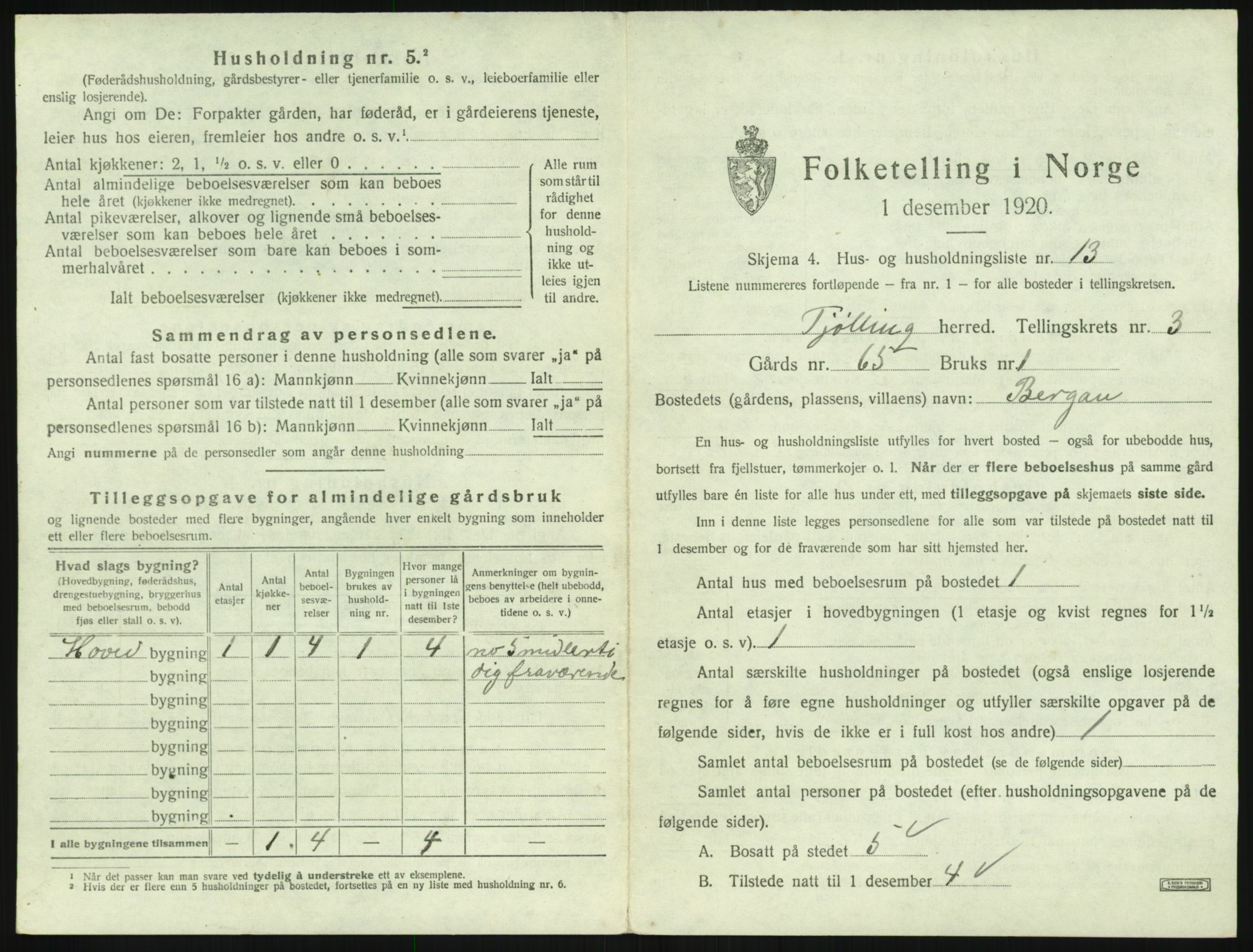 SAKO, 1920 census for Tjølling, 1920, p. 991
