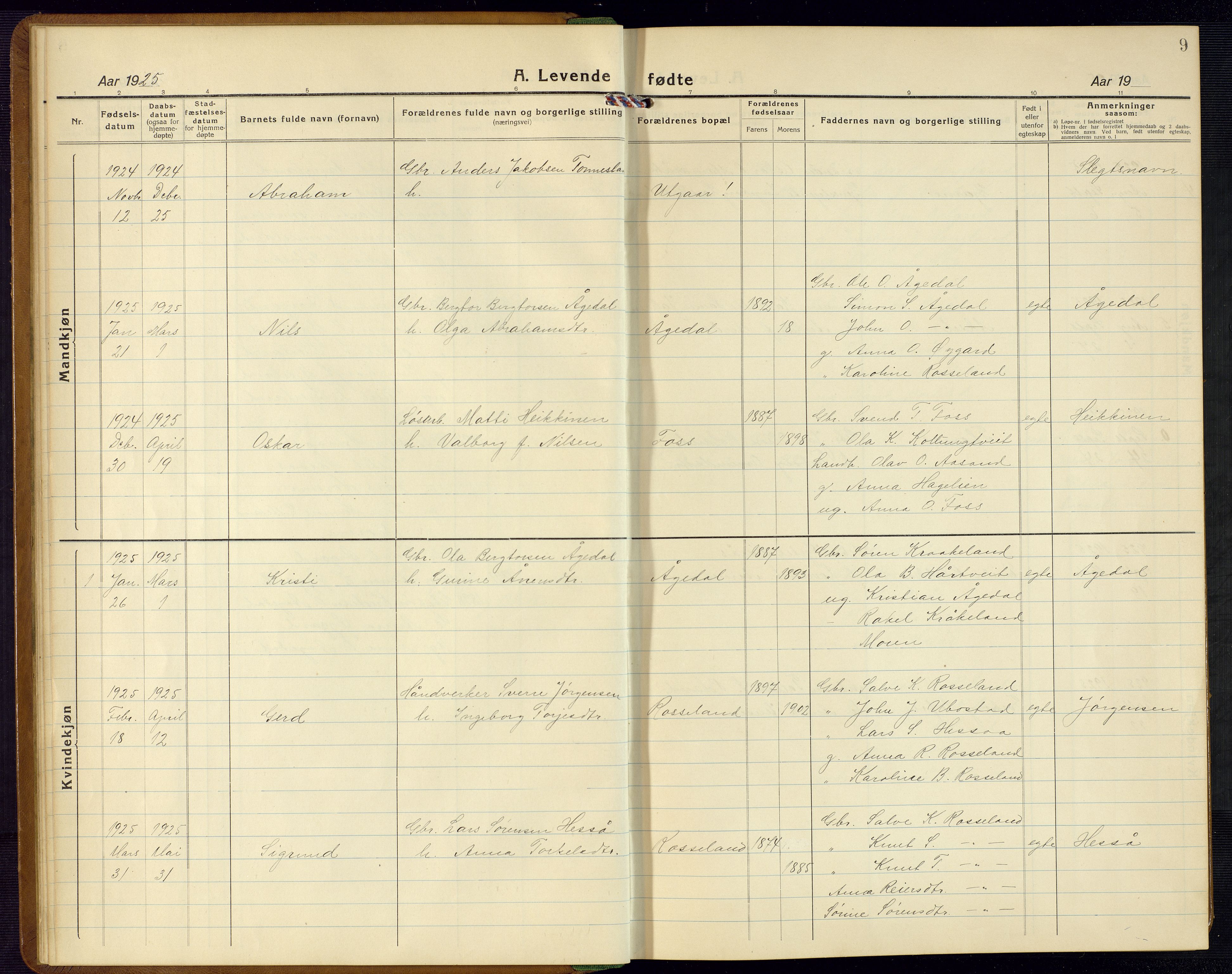 Bjelland sokneprestkontor, SAK/1111-0005/F/Fb/Fba/L0006: Parish register (copy) no. B 6, 1923-1956, p. 9