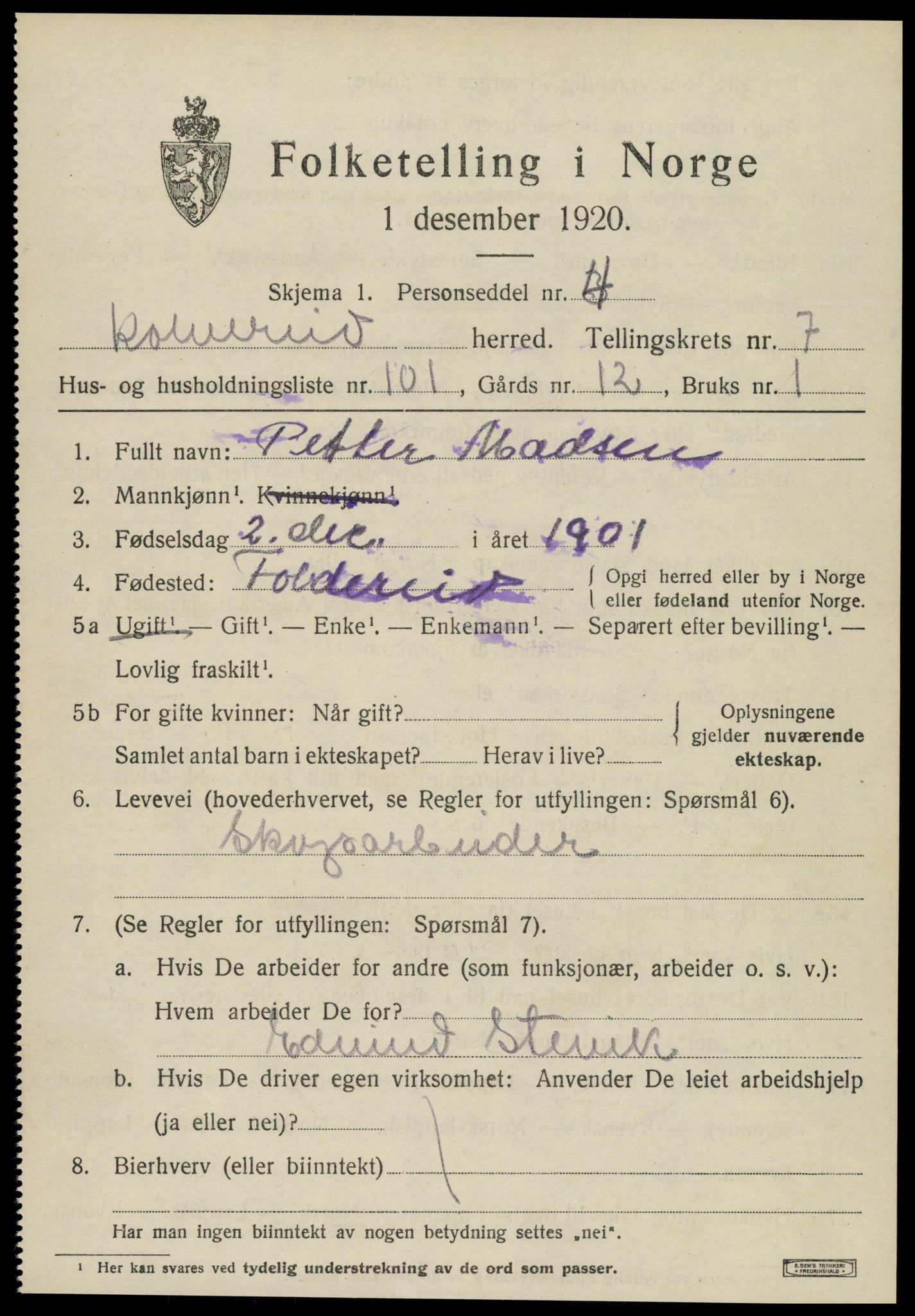 SAT, 1920 census for Kolvereid, 1920, p. 5077